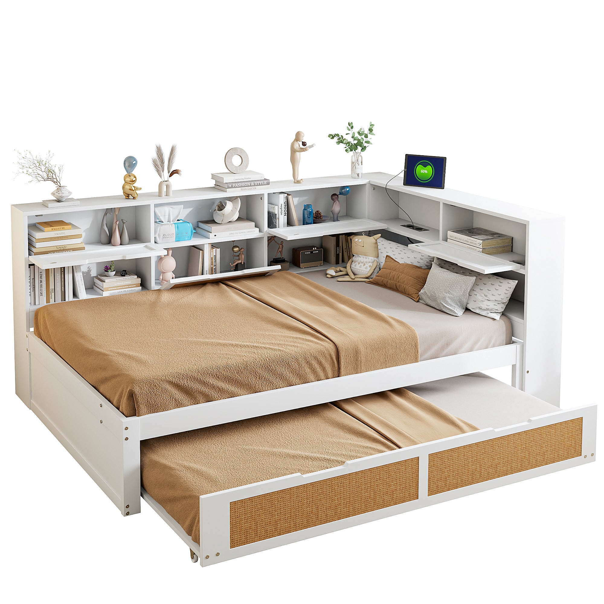 Sofa Bed, 140*200 Multifunctional with Pull-out & Storage, Wooden White