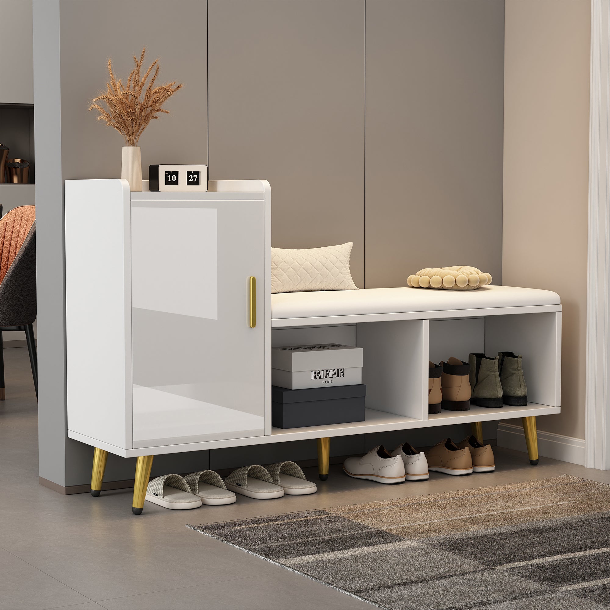 Shoe Cabinet, Multi-Tiered Storage with Upholstered Seat and Gold Accessories, White High Gloss