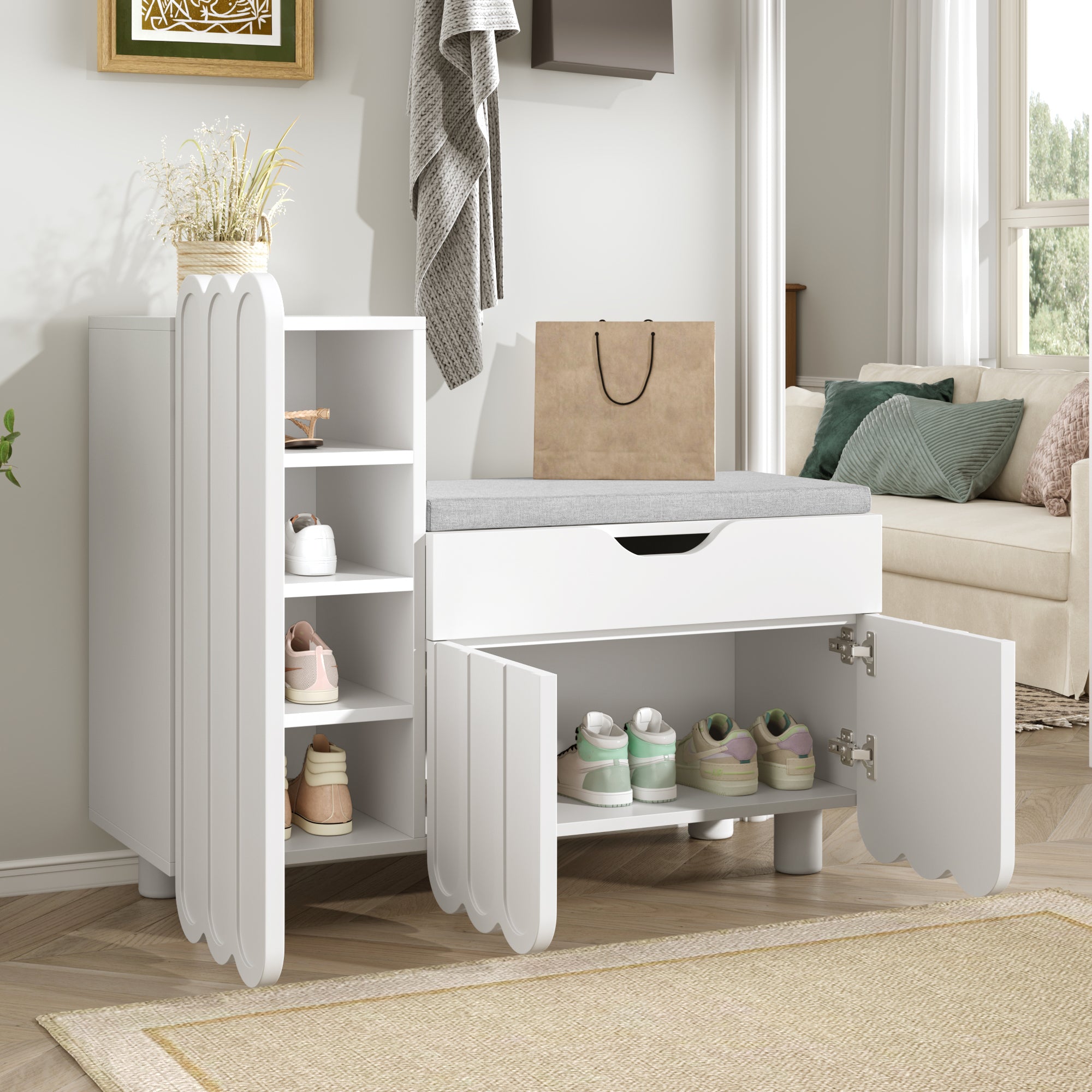 Modern 3-door shoe cabinet with drawer and seat cushion, white