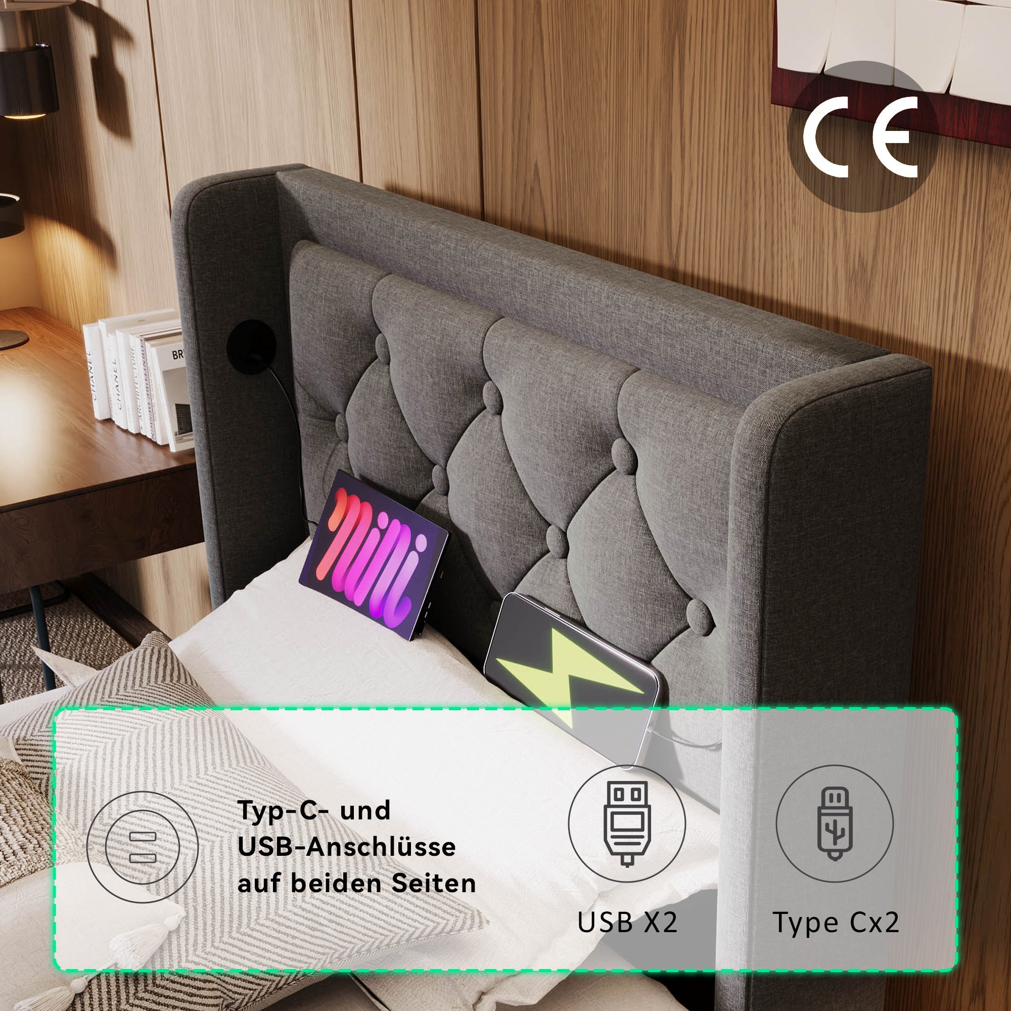 Upholstered Single Bed, Hydraulic Storage with USB & LED, Gray Cotton