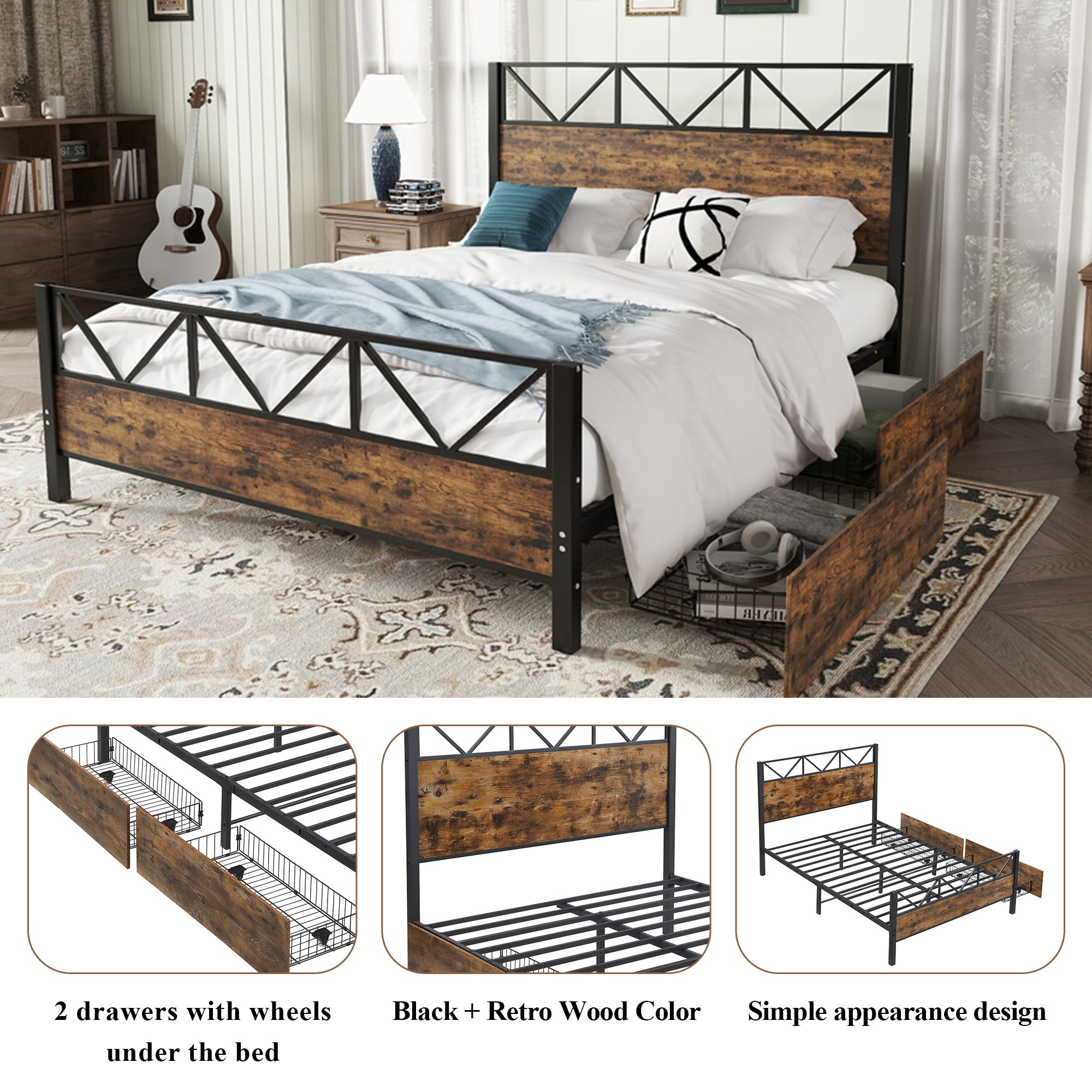 Metal Bed 4ft6 Double 135x190cm with 2 Drawers, Durable Sturdy Multifunctional Iron Storage Bed, Black+Wood Color