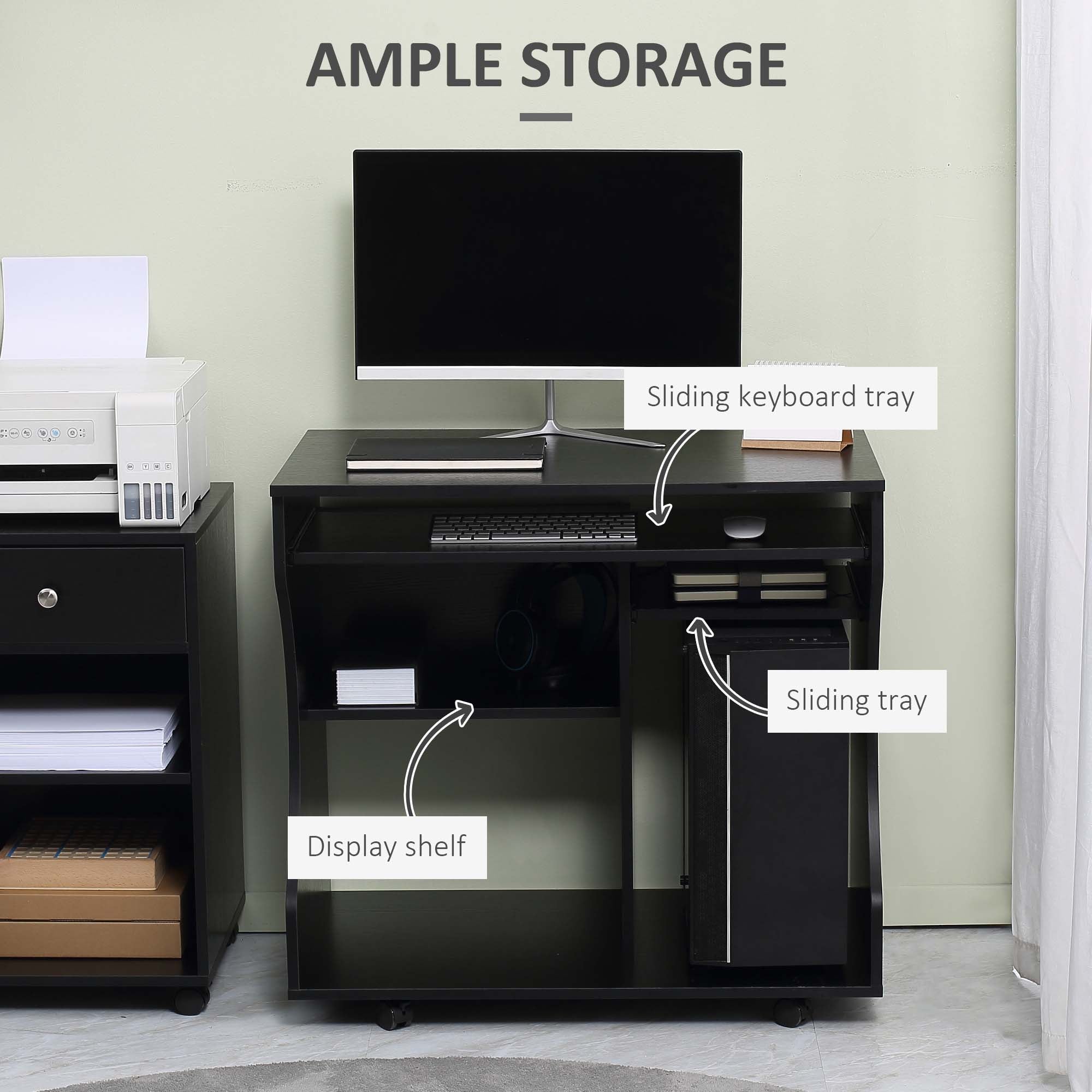 Multi-Storage Compact Work Desk with Wheels, Black