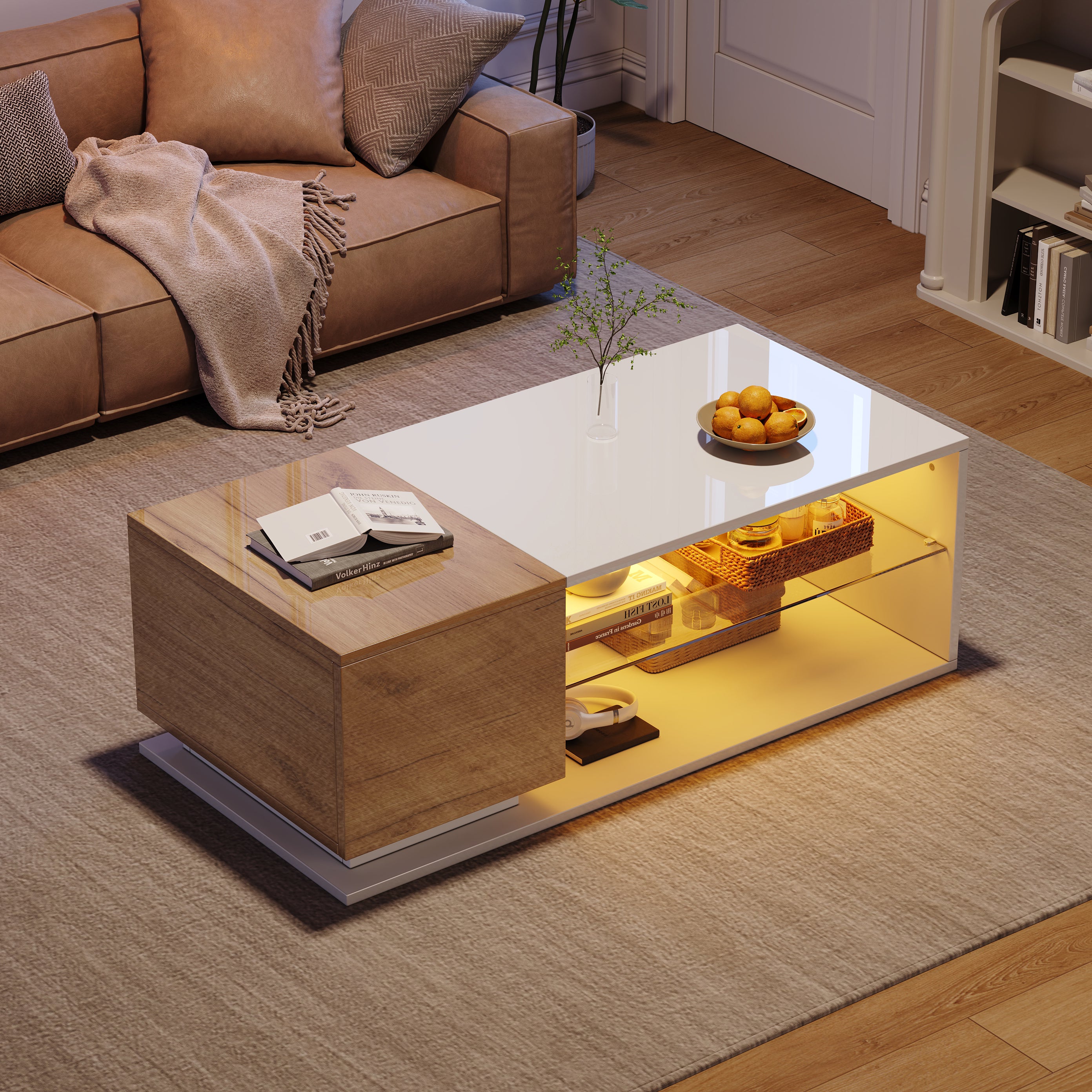 Coffee Table with Open Storage, Glass Shelves and LED, High Gloss White + Wood, MDF + Glass