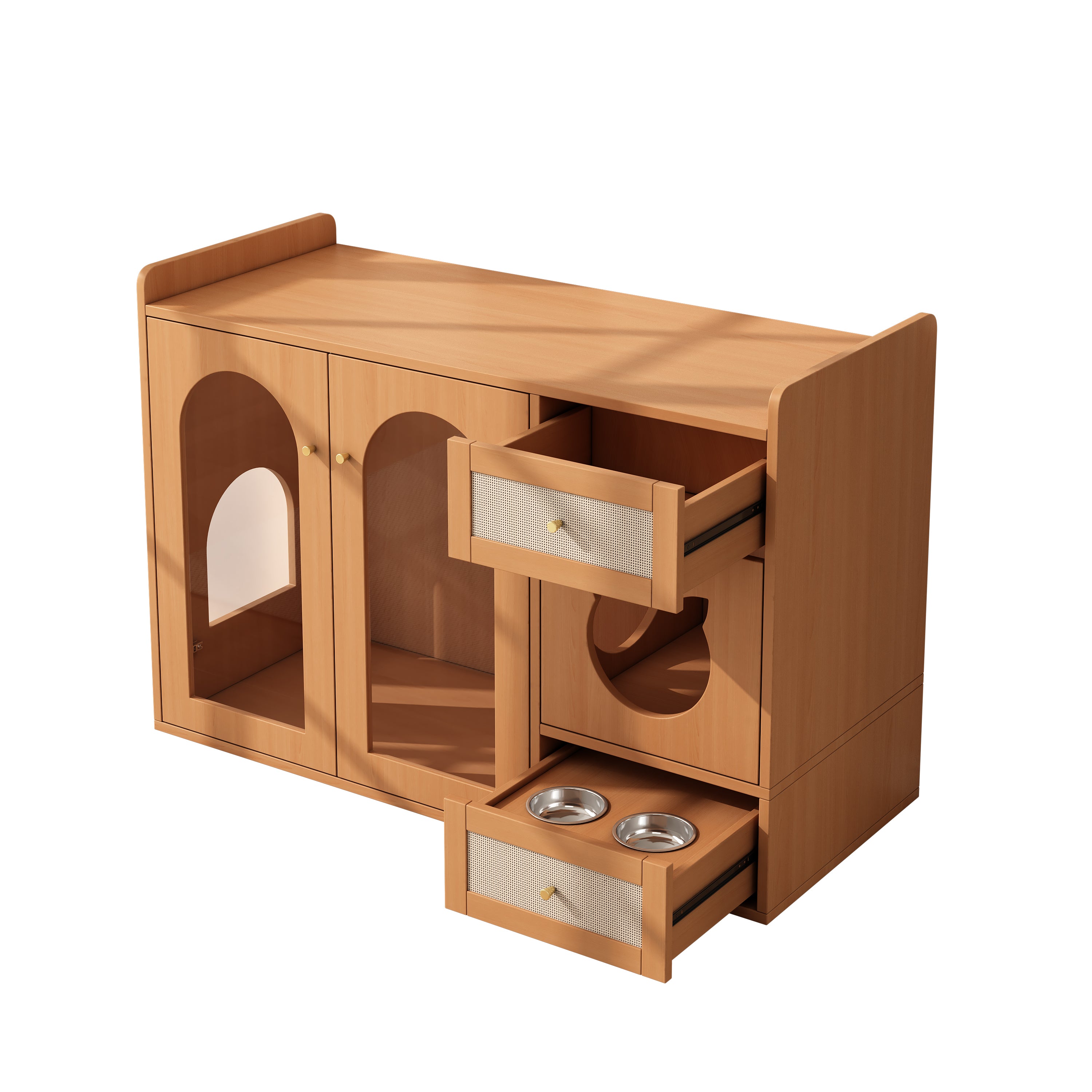 Cat House Litter Box Cabinet Multi-purpose with Food Bowls and Storage, Walnut Color