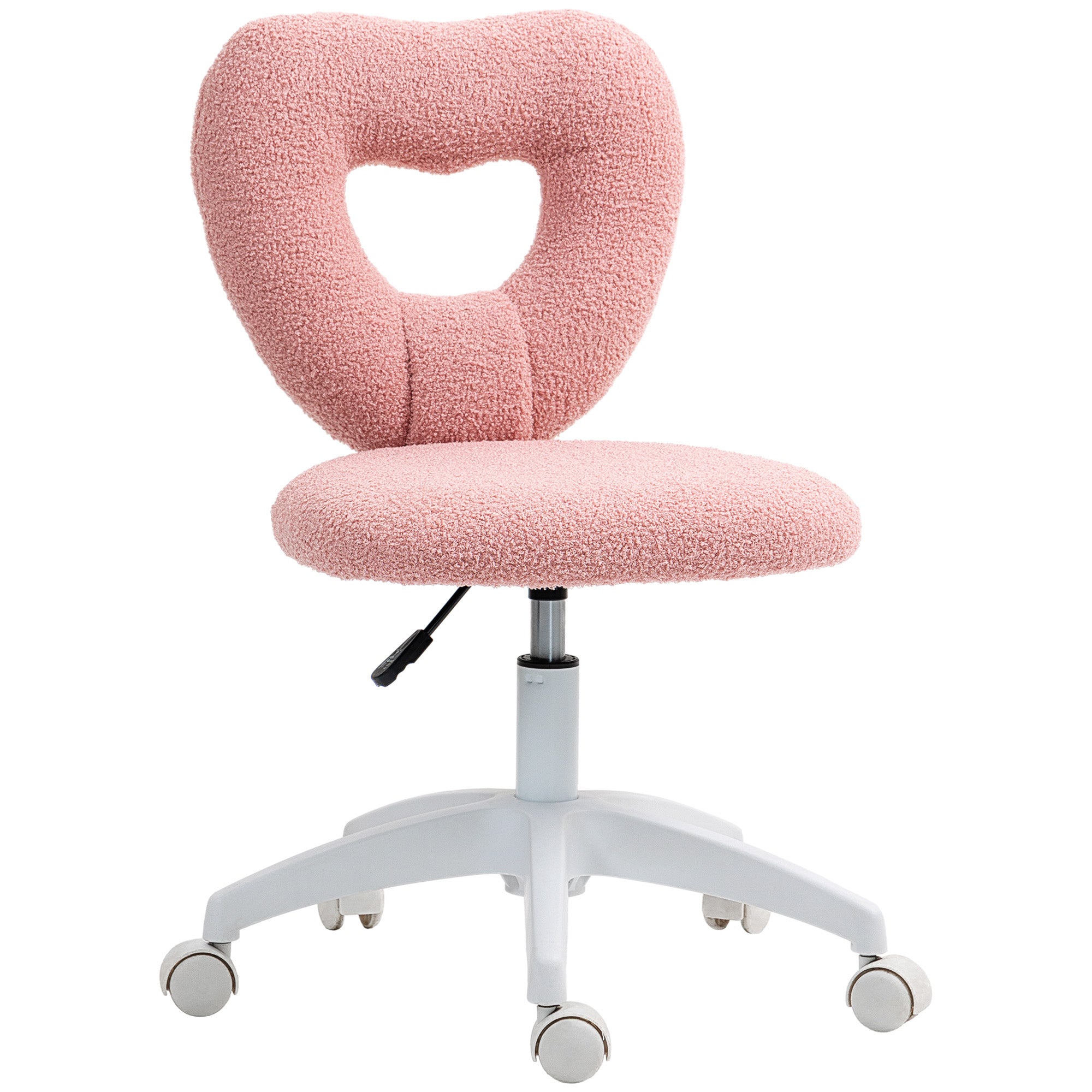Armless Heart Chair Swivel Adjustable Height Wheels Teddy Fleece, Pink