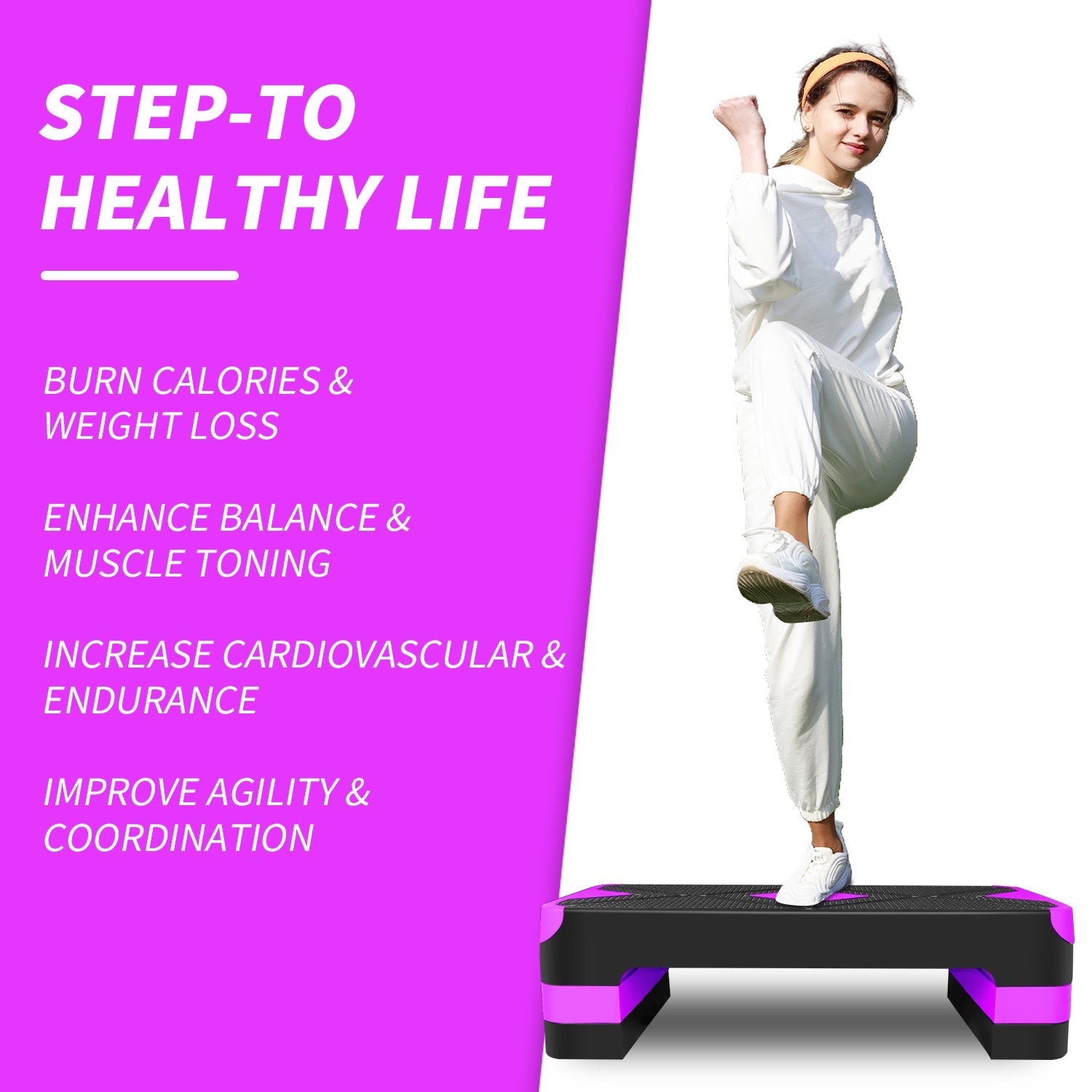 Aerobic Exercise Step Adjustable Stepper for Exercise, 68.5cm with Adjustable Height Risers (Purple)
