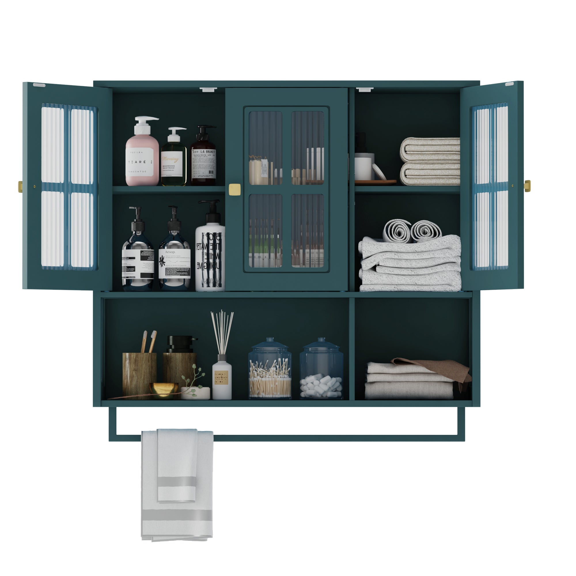 Bathroom Wall Cabinet 3-Door Wooden Glass Door Towel Bar - Dark Green