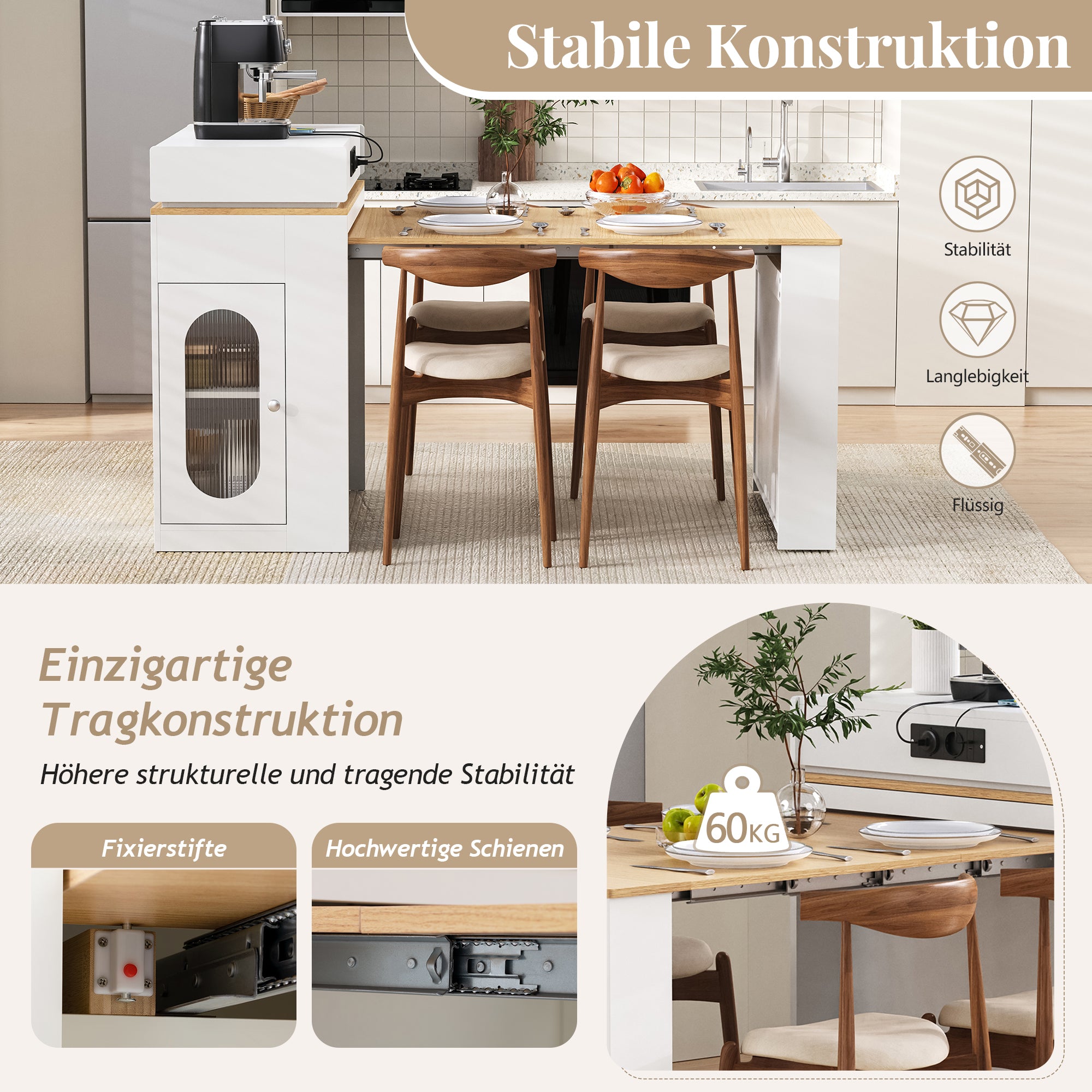 Kitchen Island with Wheels, Extendable Folding Tabletop, Power Strips & Hooks - White