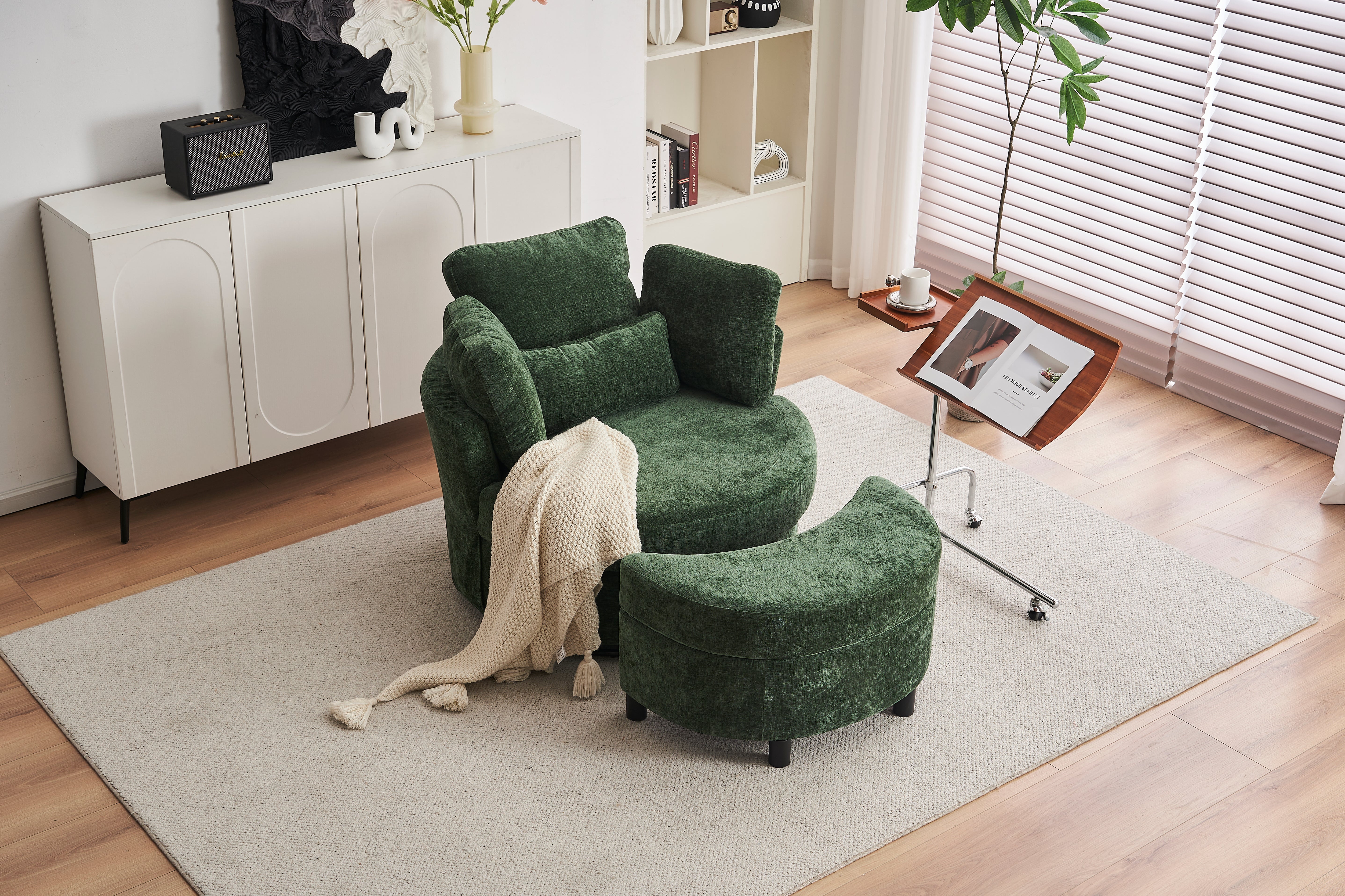 Chenille Swivel Armchair with 3 Back Cushion Pillow and Ottoman Crescent Stool, Green