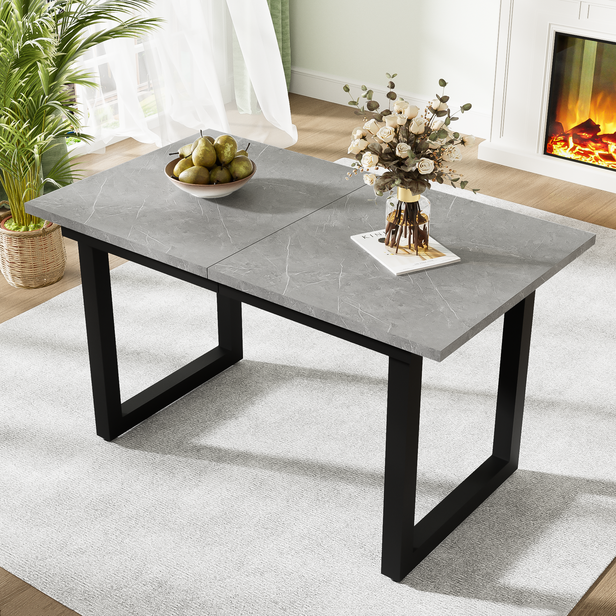 Extendable Dining Table 140/180cm Rectangular Industrial Style - Concrete Look/Black