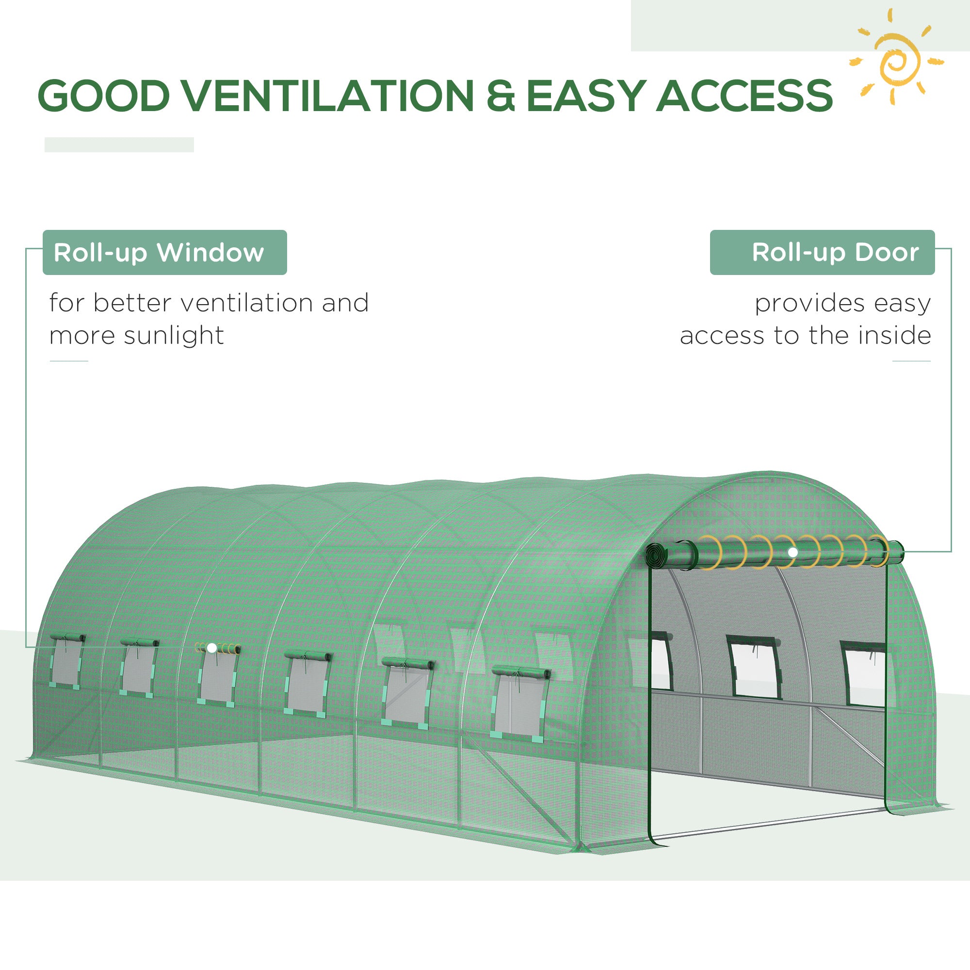 6x3x2m Tunnel Greenhouse Replacement Cover with Roll-up Windows and Door, PE Green