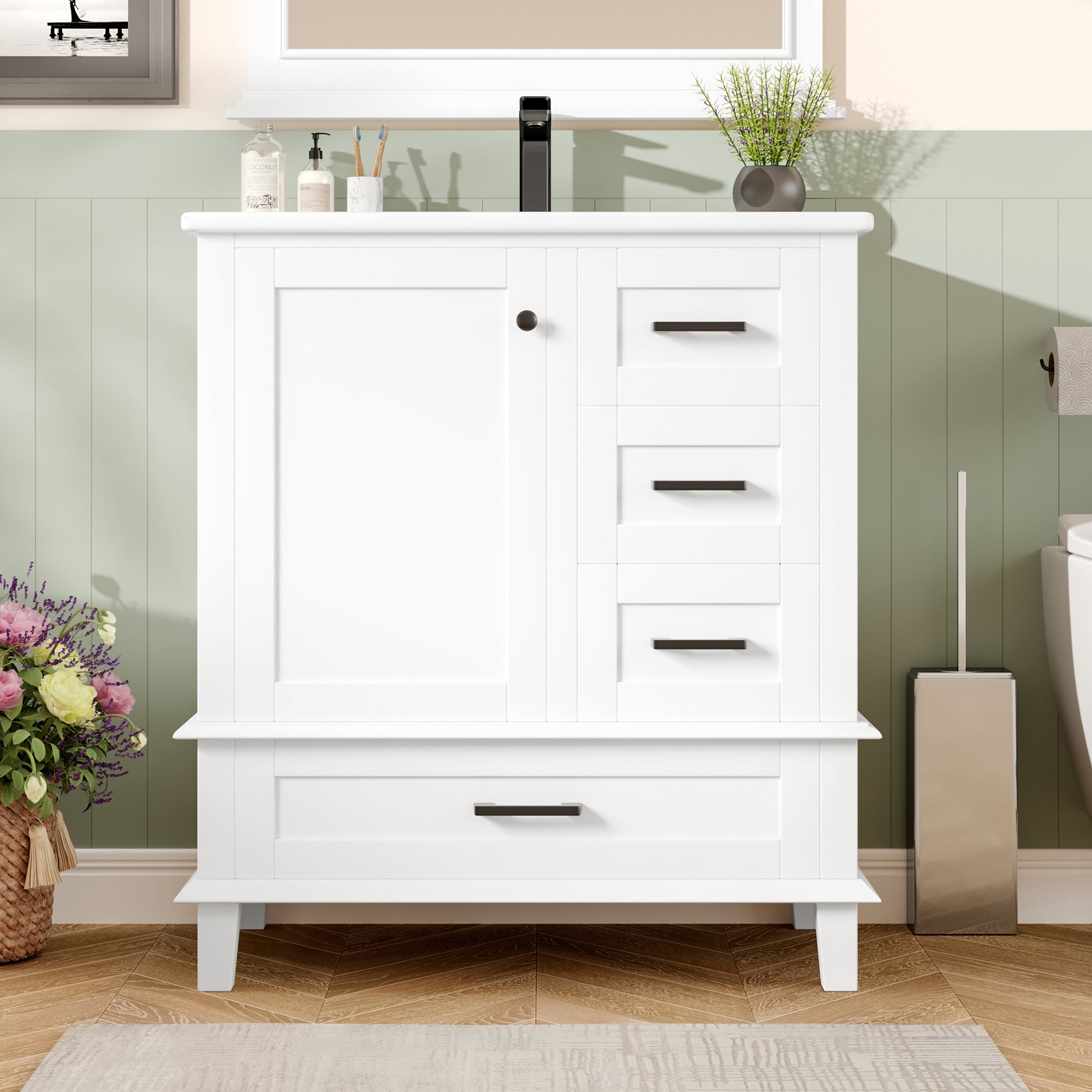 Bathroom Vanity Unit with Ceramic Sink and Three Silent Drawers, White