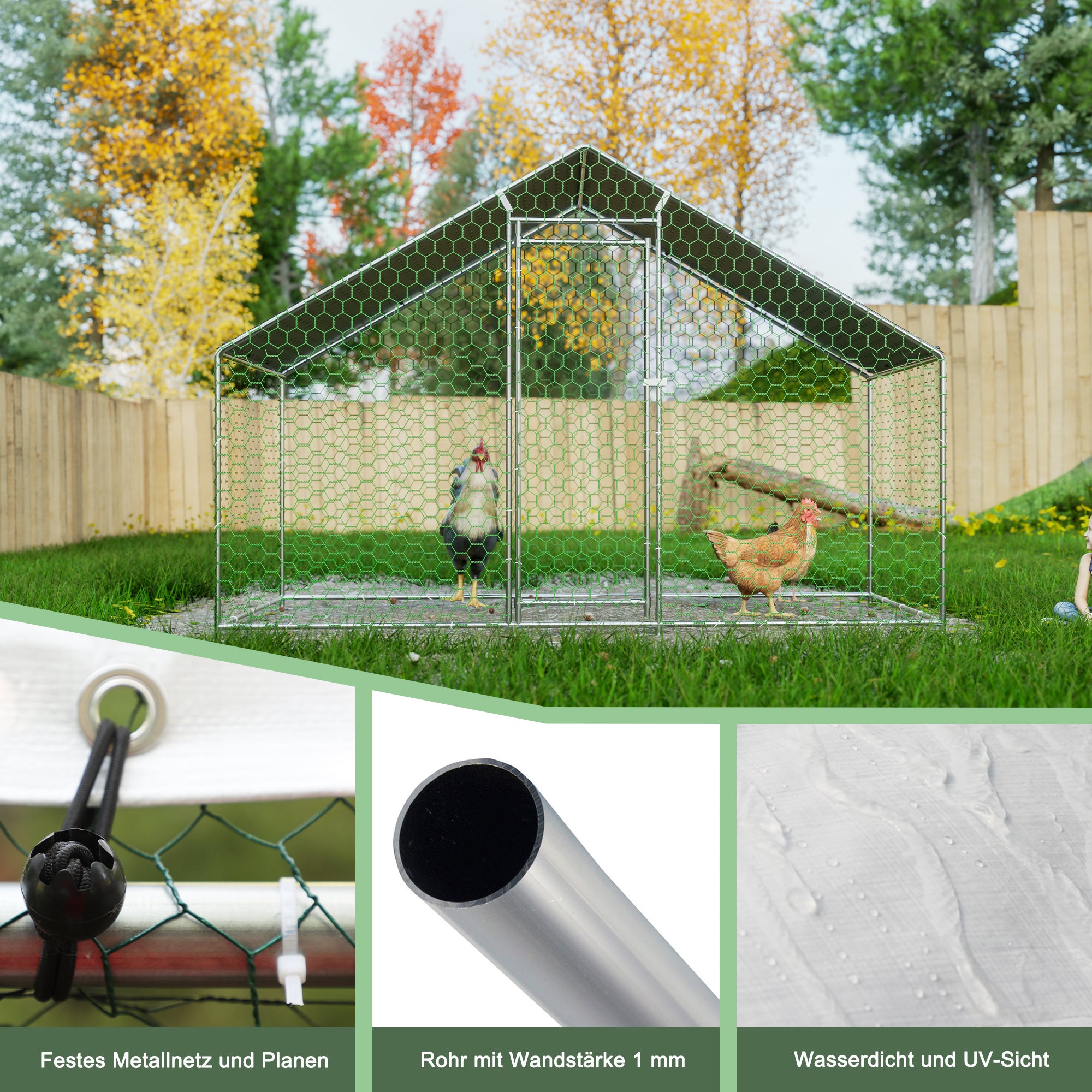 Chicken Coop/Run 3x1.5x2m Safety Lock Waterproof Enclosure, Metal