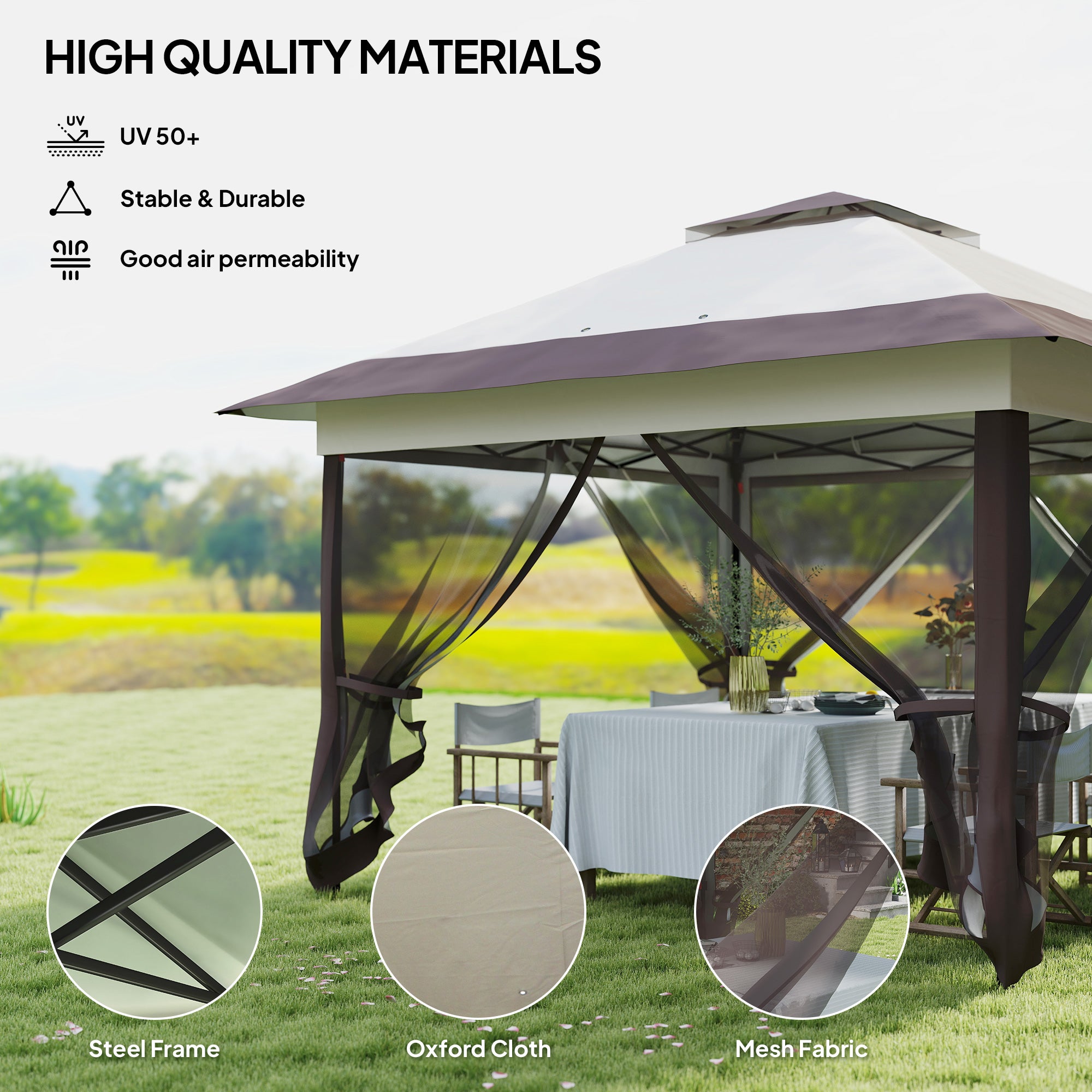 Pop up Gazebo 3.6 x 3.6m Height Adjustable with Netting, Khaki