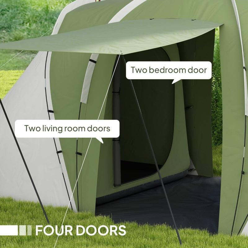 Large Camping Tent Tunnel, 2 Bedroom Living Area 2000mm Waterproof 4-6 Man, Green
