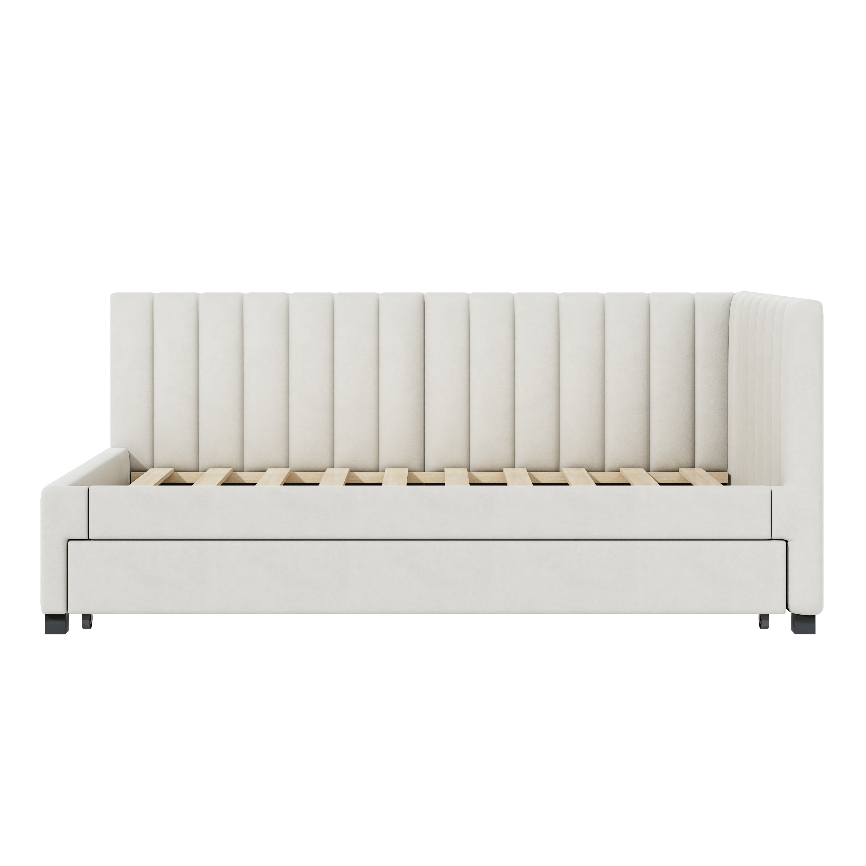 Upholstered Bed 90*200, Pull-Out Sofa Bed, Multifunctional with Slatted Frame, Velvet Fabric Beige