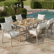 Garden Dining Set for 6 People with Plastic Wood Tabletop and Woven Rope Chairs, Khaki and Beige