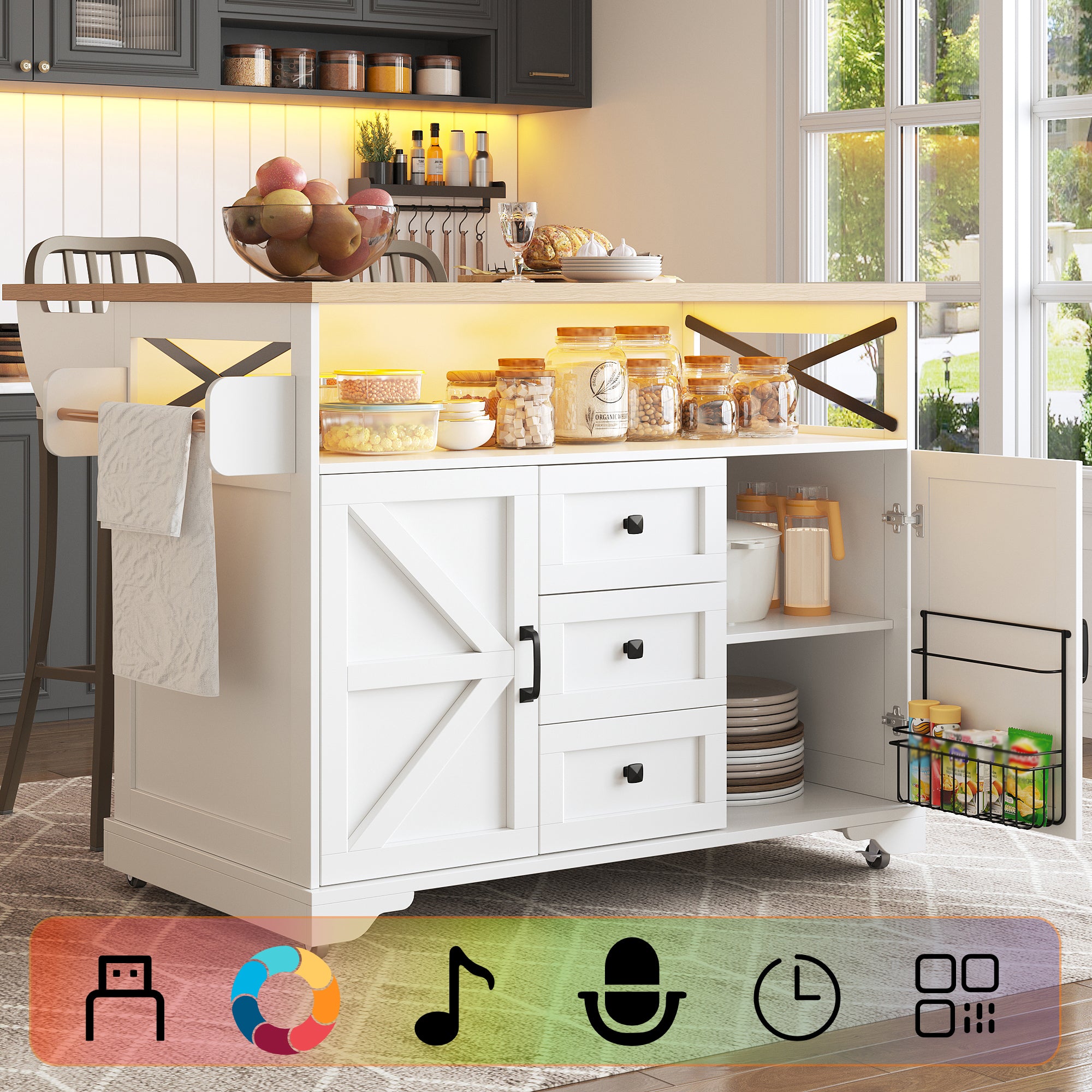 Kitchen Serving Trolley Folding Table LED Storage Cabinet - Mobile Island