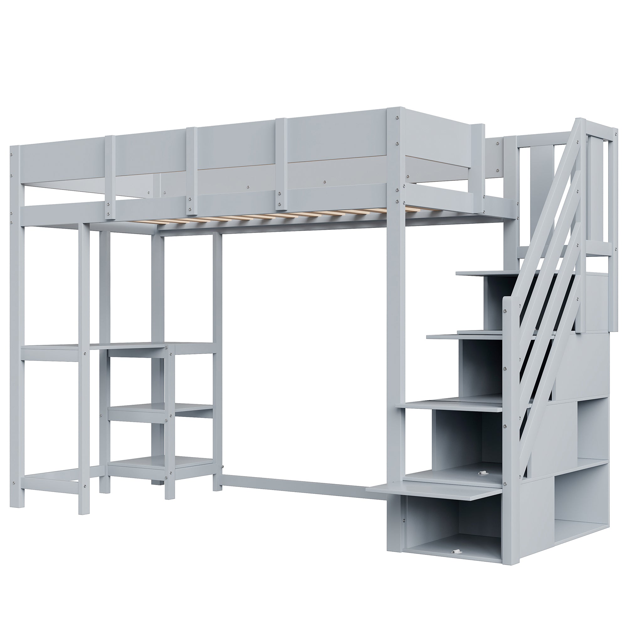 Bunk Bed, Multifunctional Loft with Storage & Shelf, Solid Pine Wood, Grey