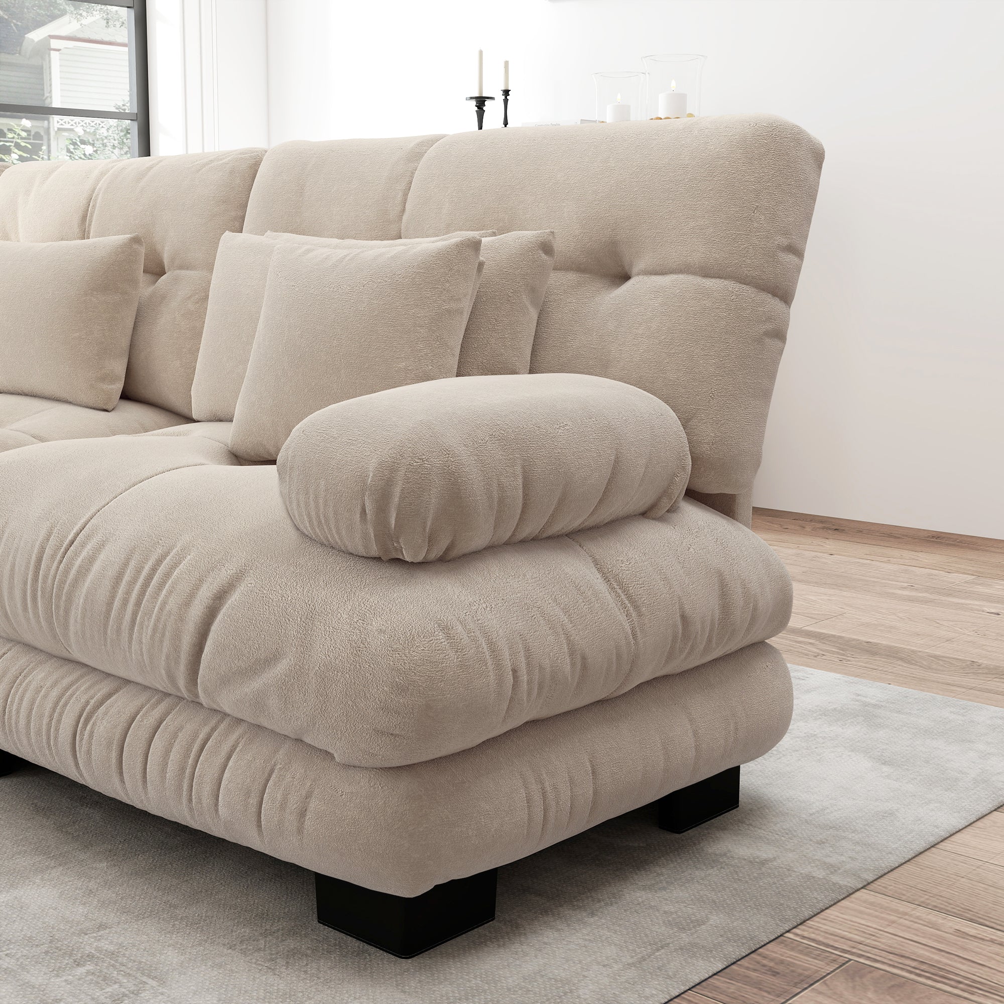 Cloud Corner Sofa, Double with Lumbar & Decorative Pillows, Ottoman, Chenille Light Brown