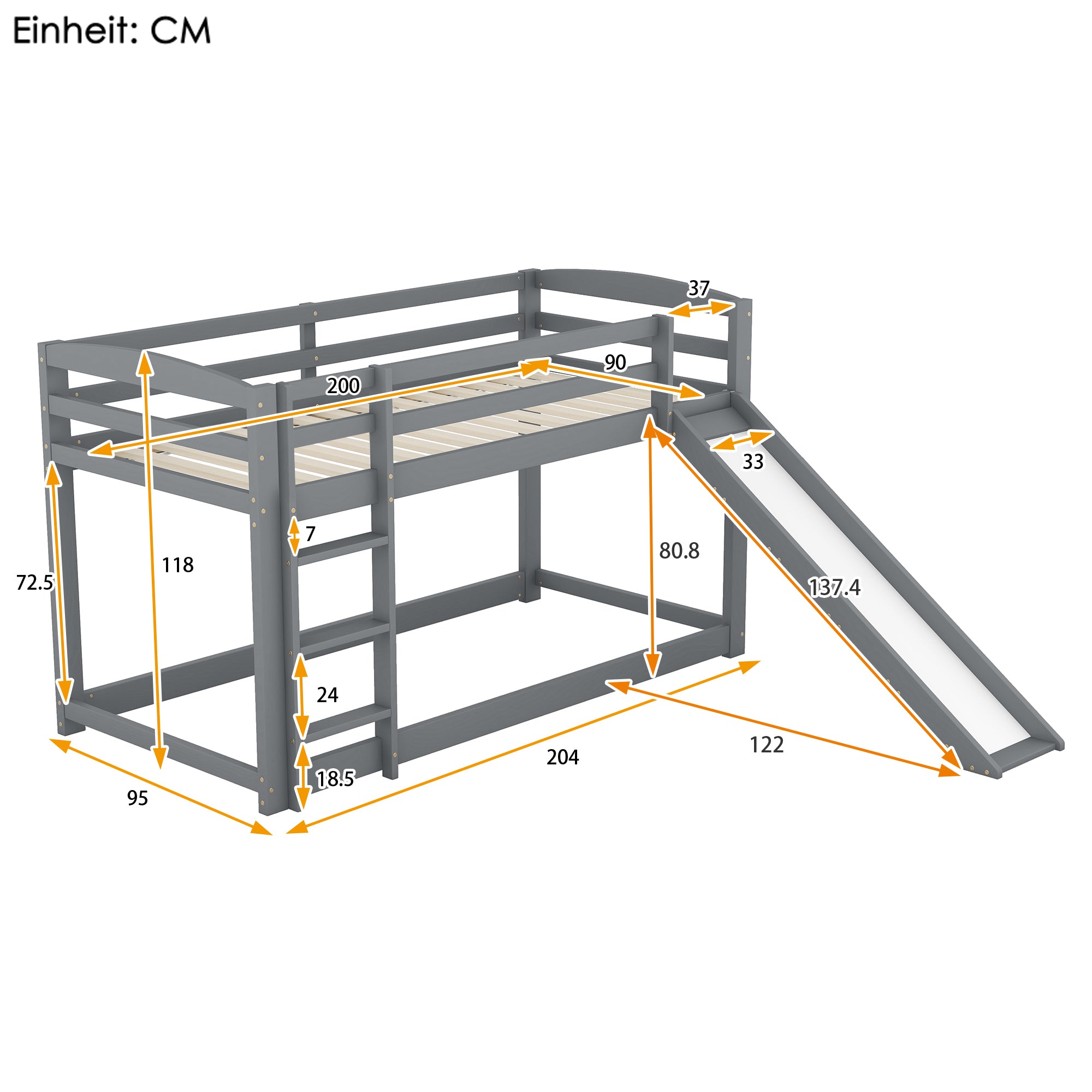 Bunk Bed 90x200cm with Slide Solid Wood Frame - Grey