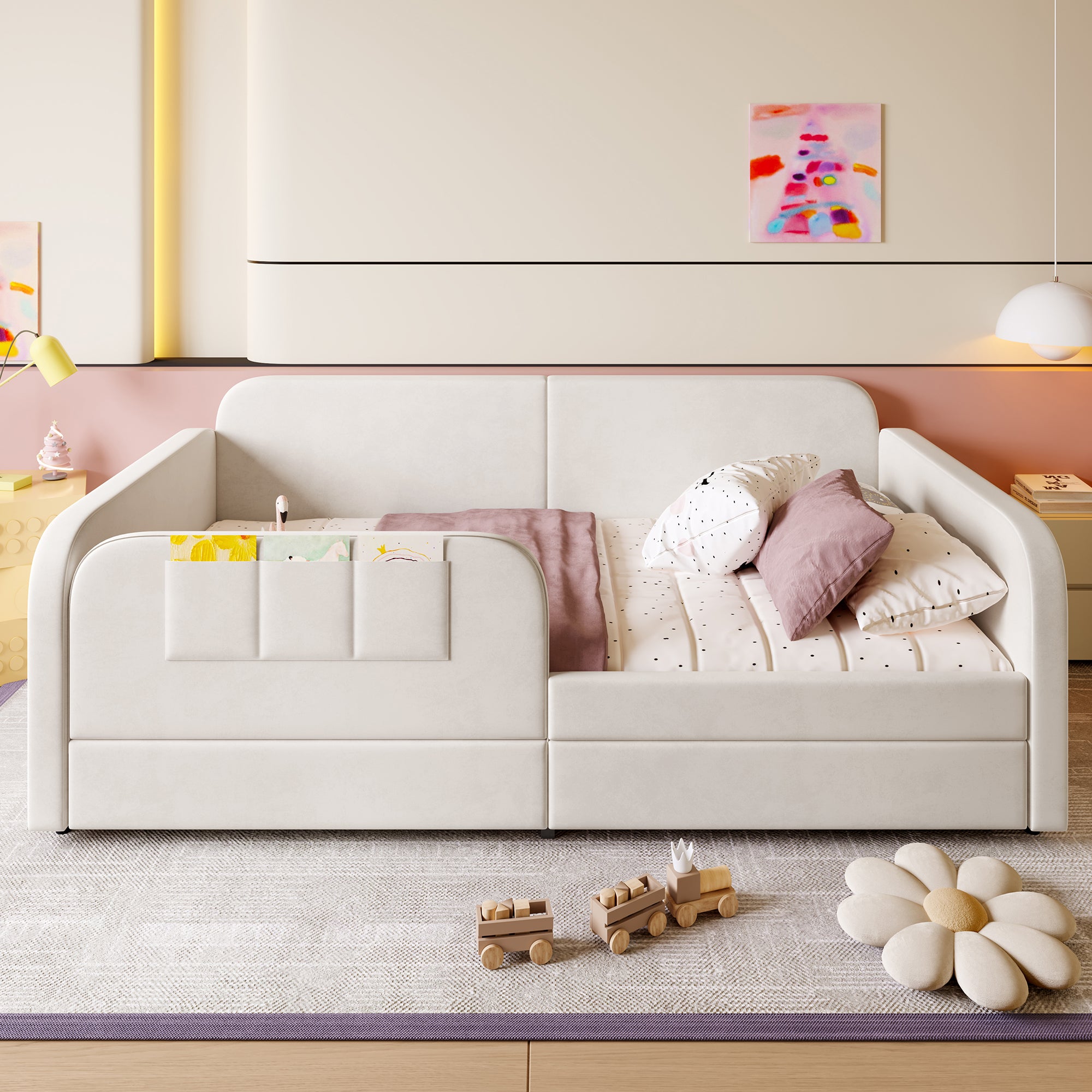 Children's Spliced Bed Upholstered Daybed Sofa Storage Drawers 90x200cm, White Velvet