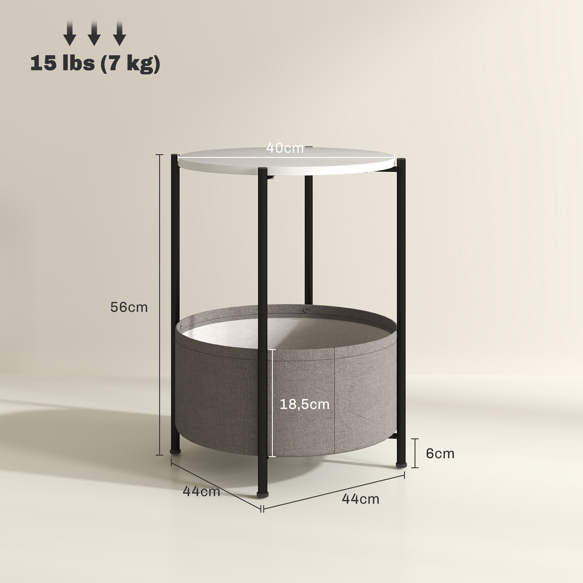 Side Table, Round Coffee Table with Storage, Steel, Grey+White