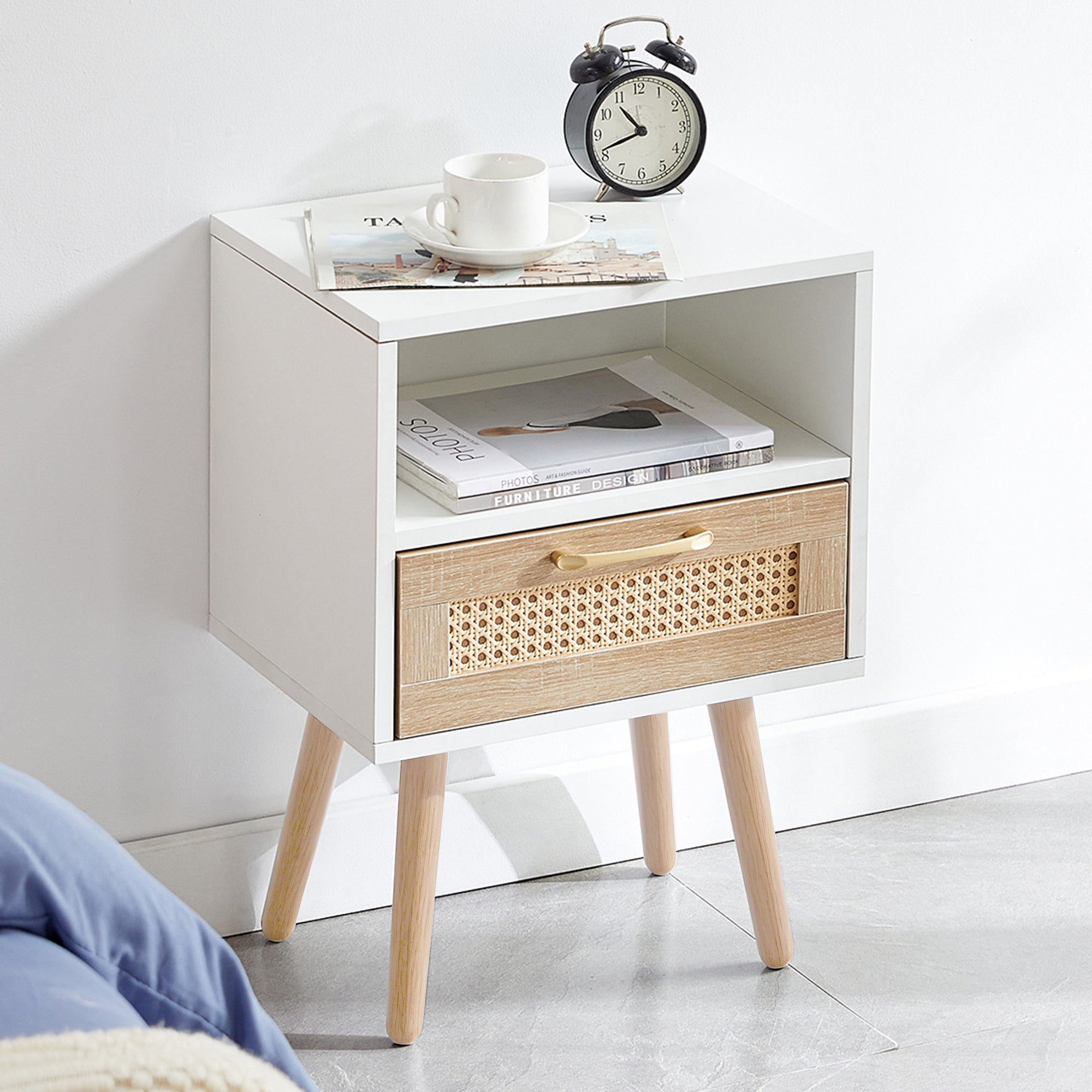 Rattan Side Table with Drawer and Solid Wood Legs, White