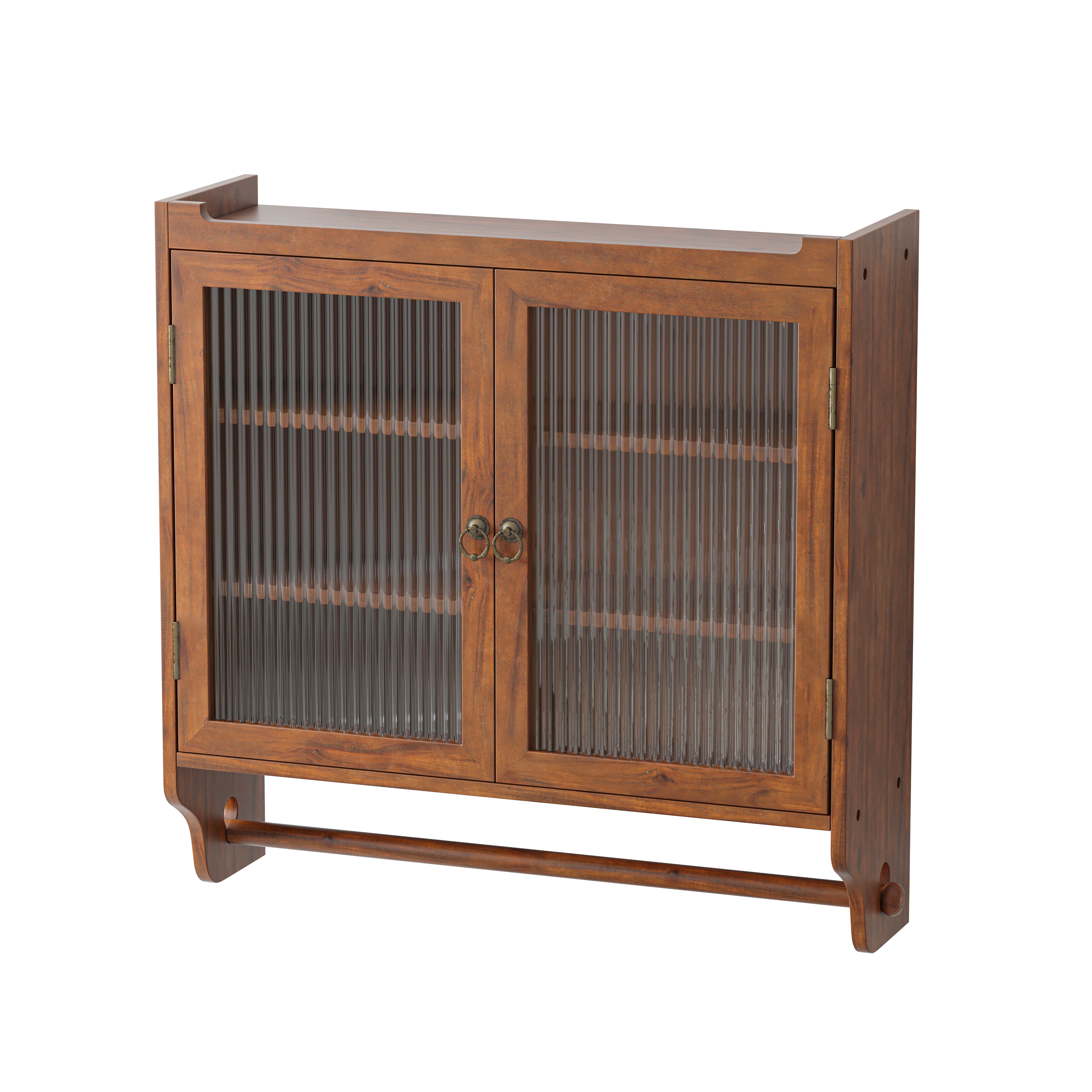 Wall Cabinet 63CM, Double Door Vintage Glass with 3 Tiers, Towel Rack, Brown