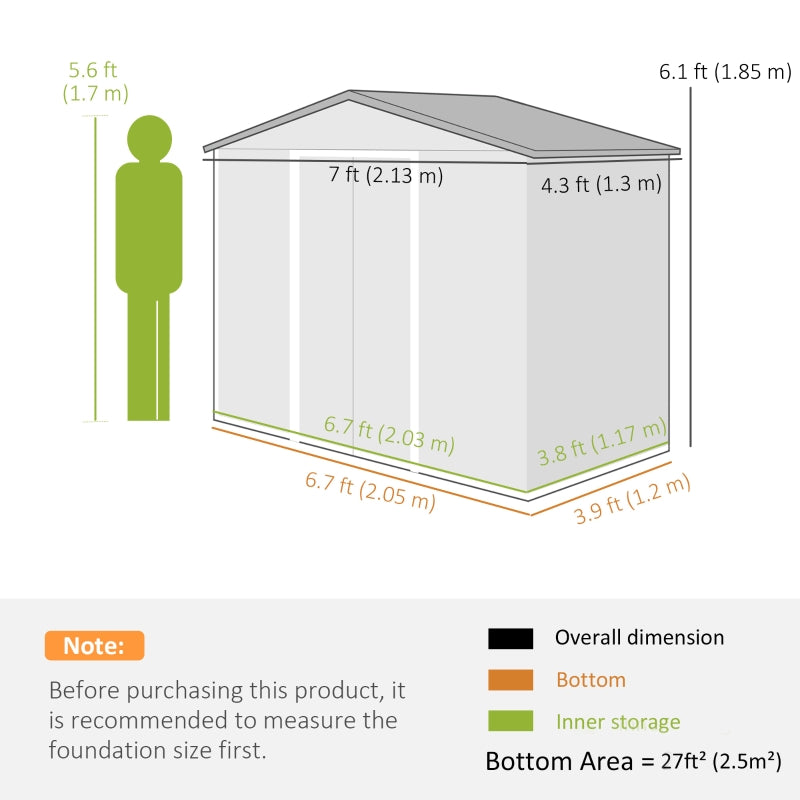 7ft x 4ft Lockable Garden Storage Shed w/ Air Vents, Steel Grey