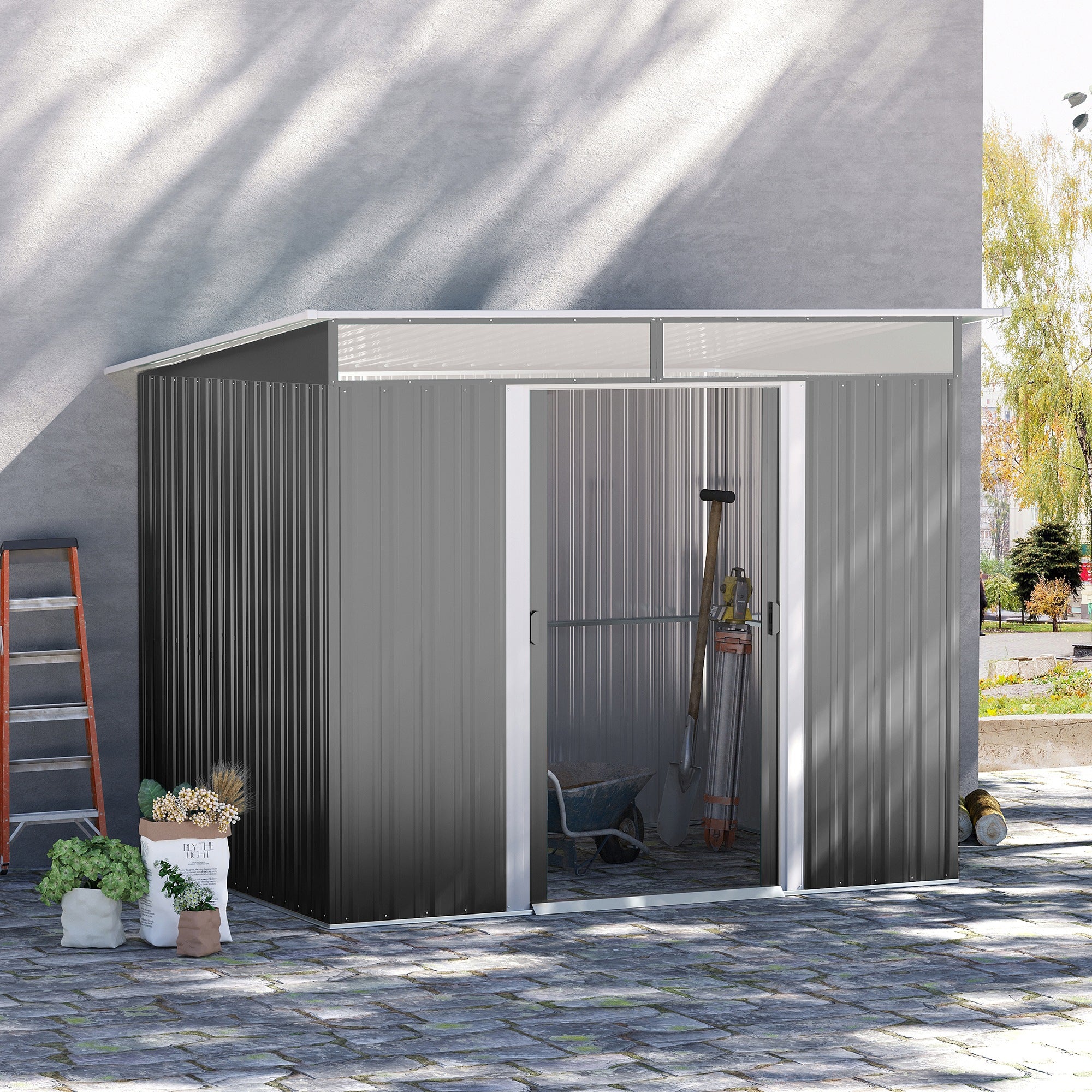 Garden Metal Storage Shed, House Hut Tool Storage with Tilted Roof and Ventilation, Grey