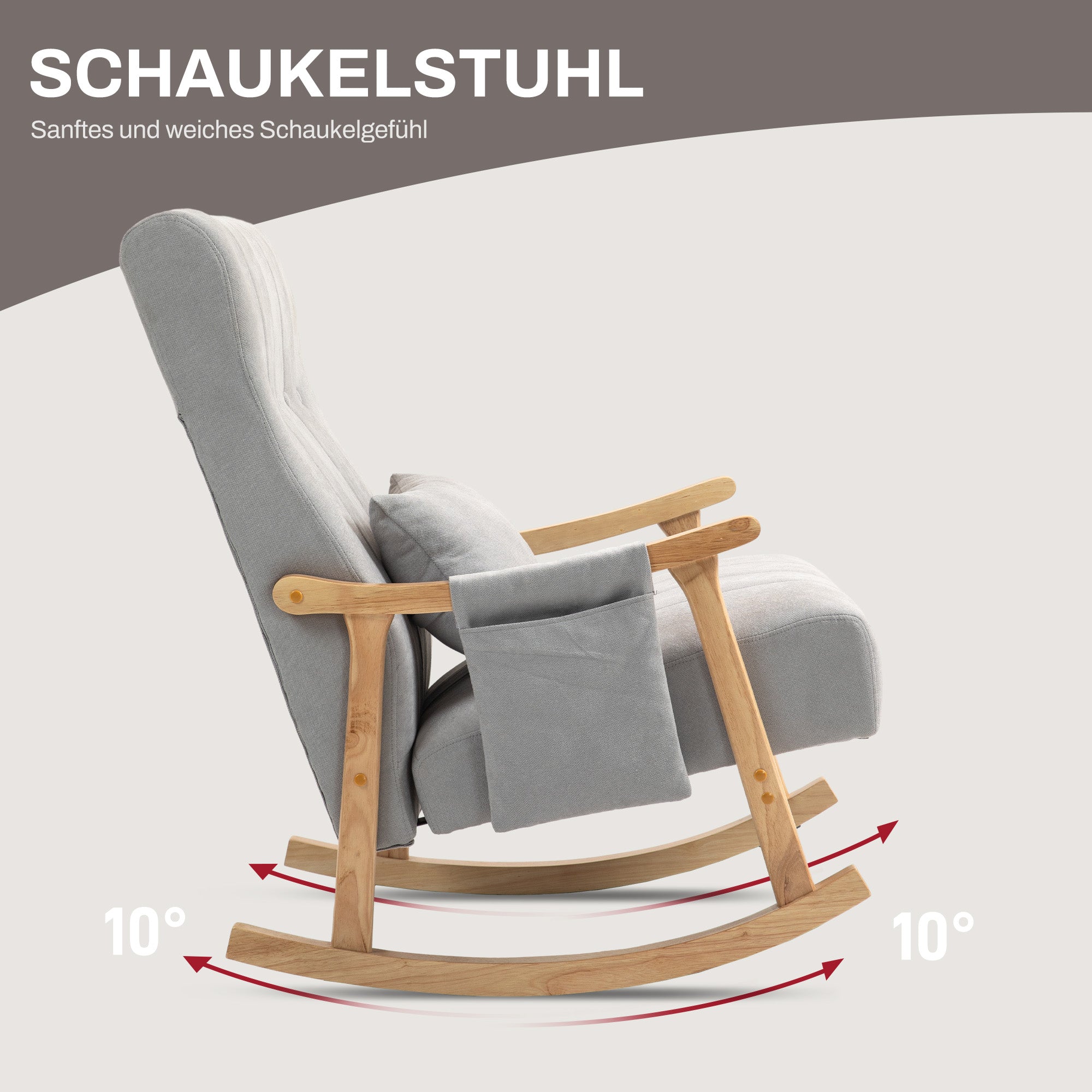 Rocking Chair Upholstered with Lumbar Cushion Side Pocket Wooden Frame, Linen Look Grey