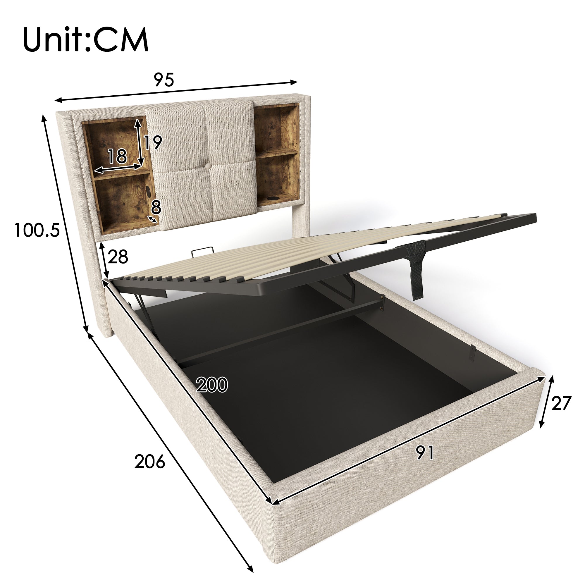Single Bed, 90x200cm Upholstered with Wireless USB-C Charging, Storage & Wood Slats, Natural Linen