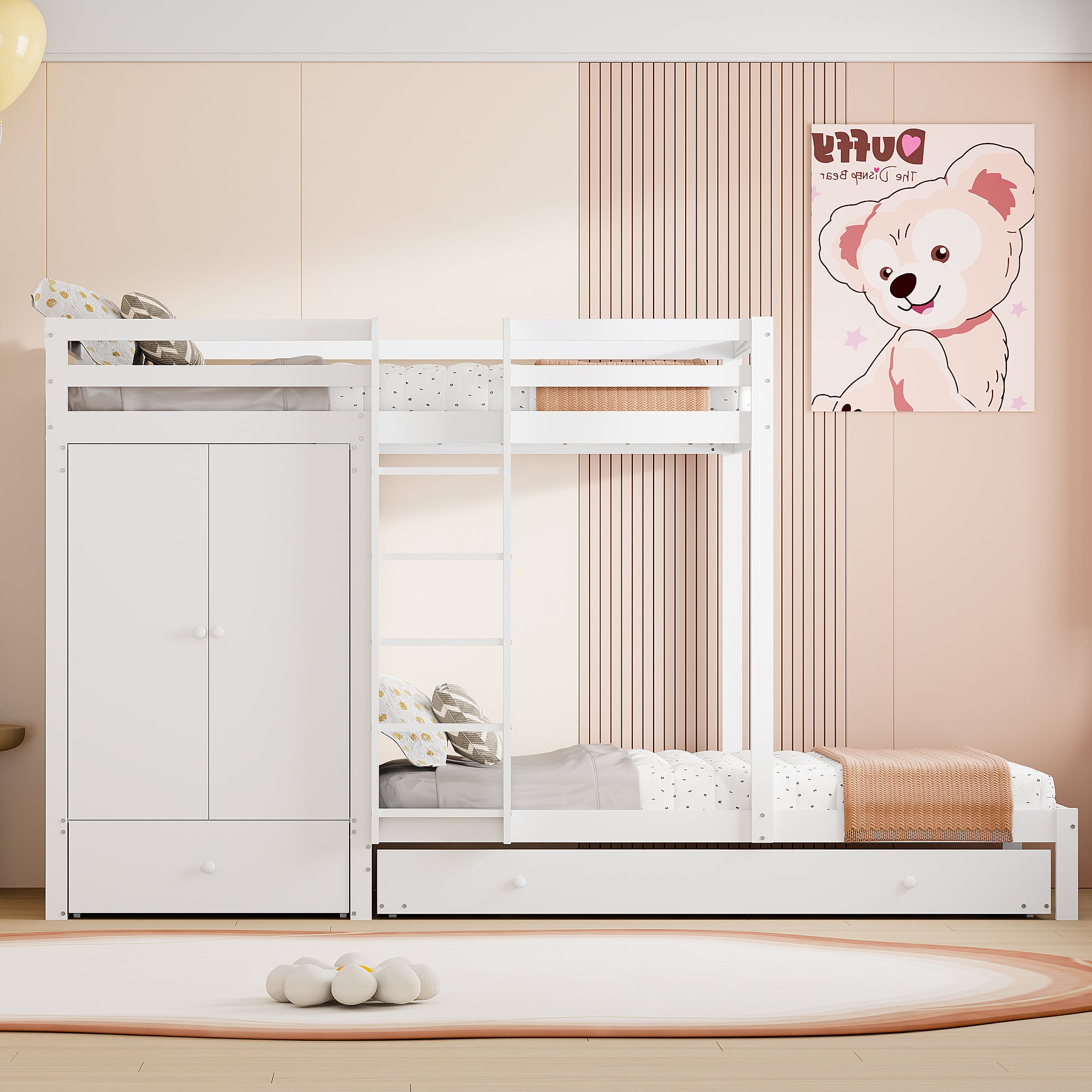 Bunk Bed 90x200 with Pull-Out Bed & Storage, Solid Wood, White