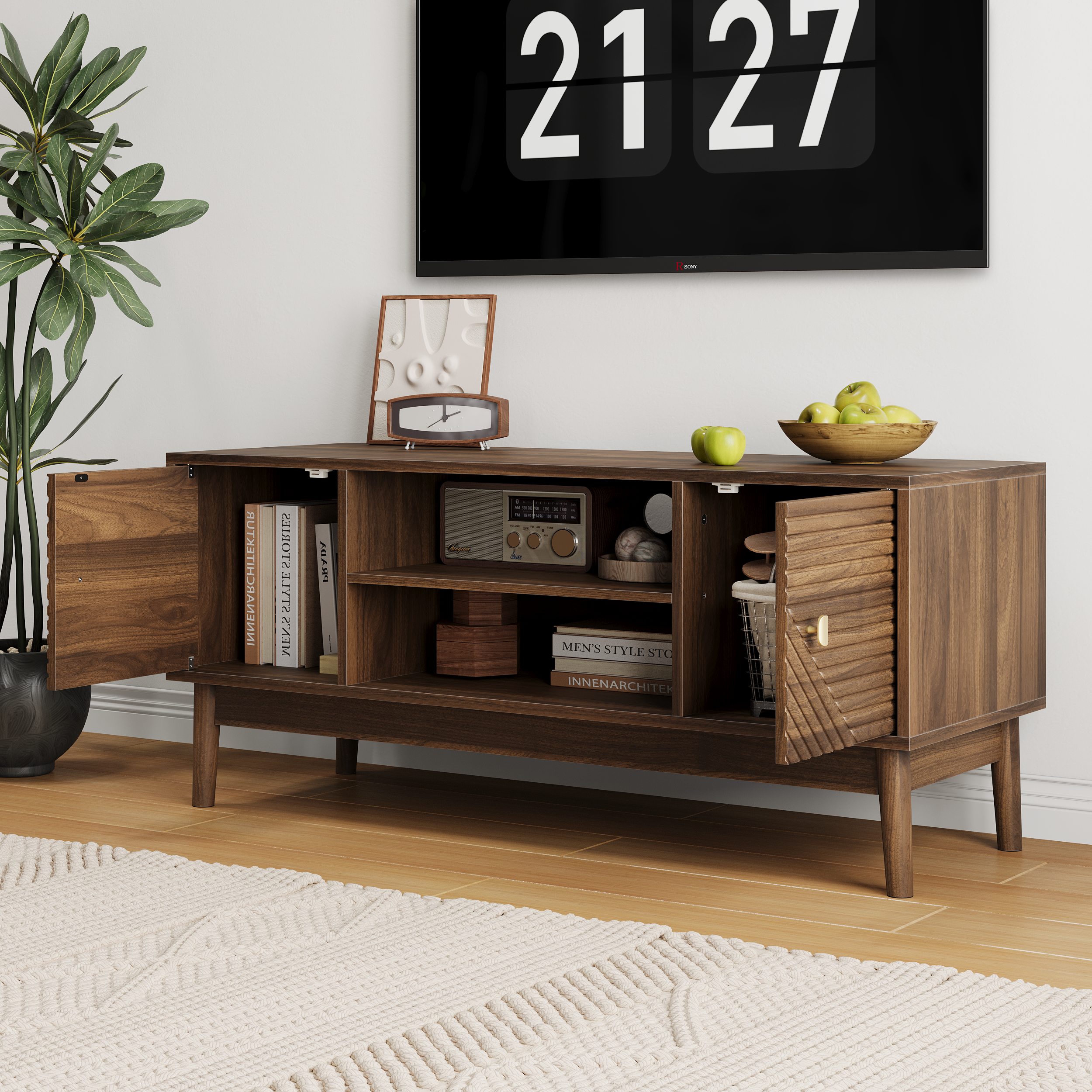 TV Stand, 110cm Mid-Century Modern with Storage Space, Walnut