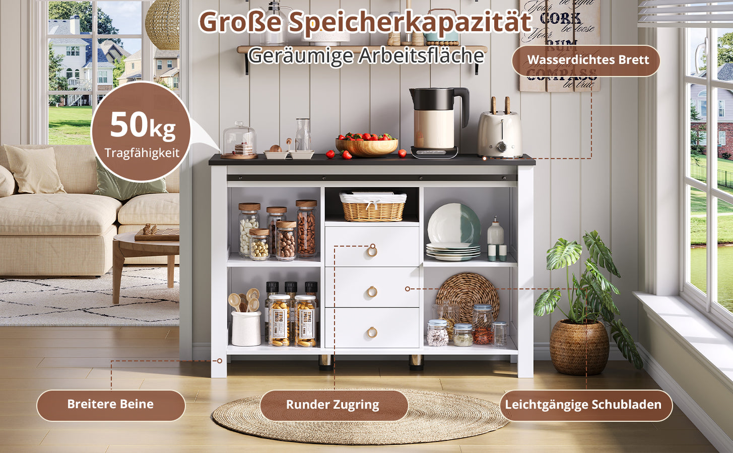 Sideboard Buffet 120cm Sliding Doors 3 Drawers - Rustic White