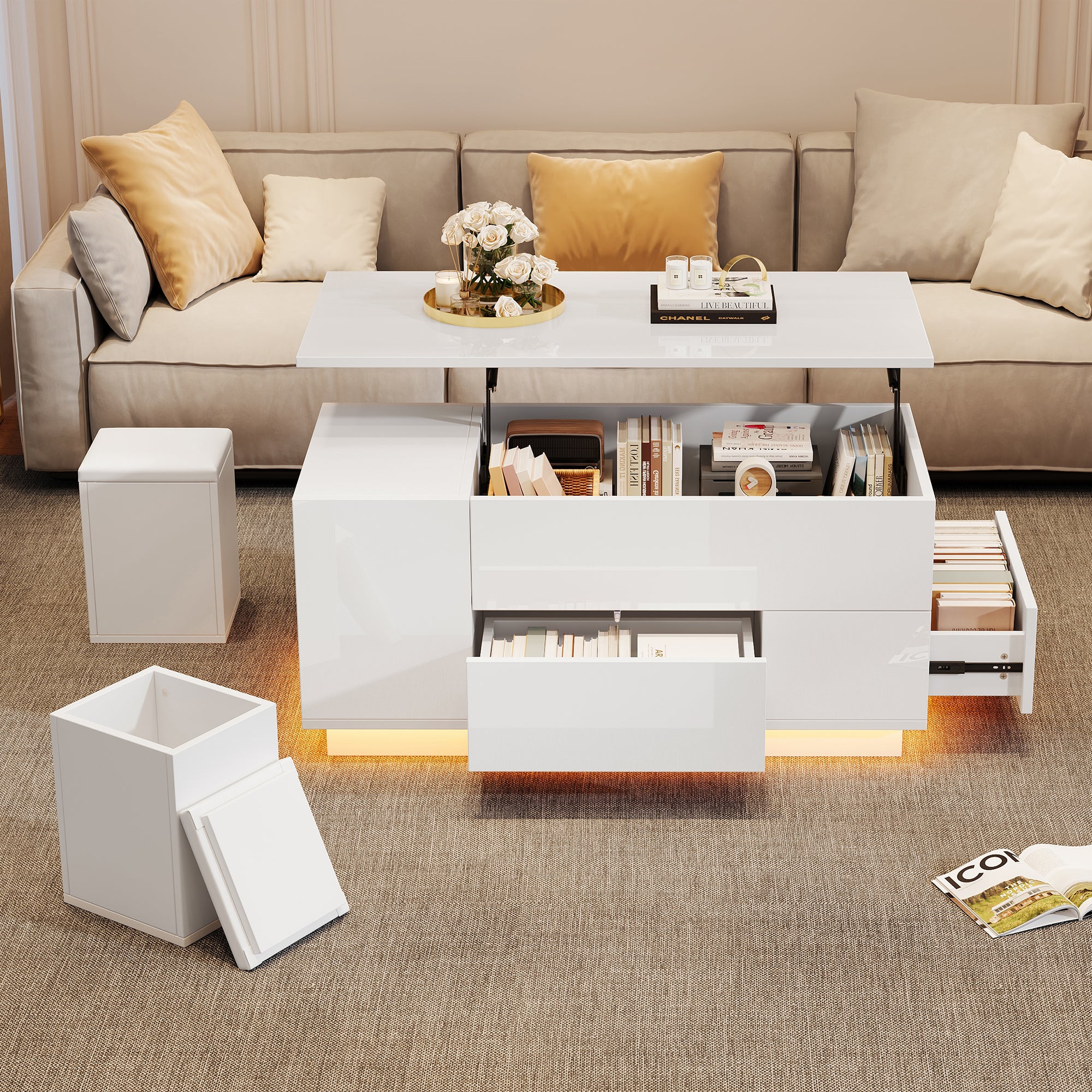 Coffee Table 4-in-1 Height-Adjustable LED 2 Drawers High-Gloss White
