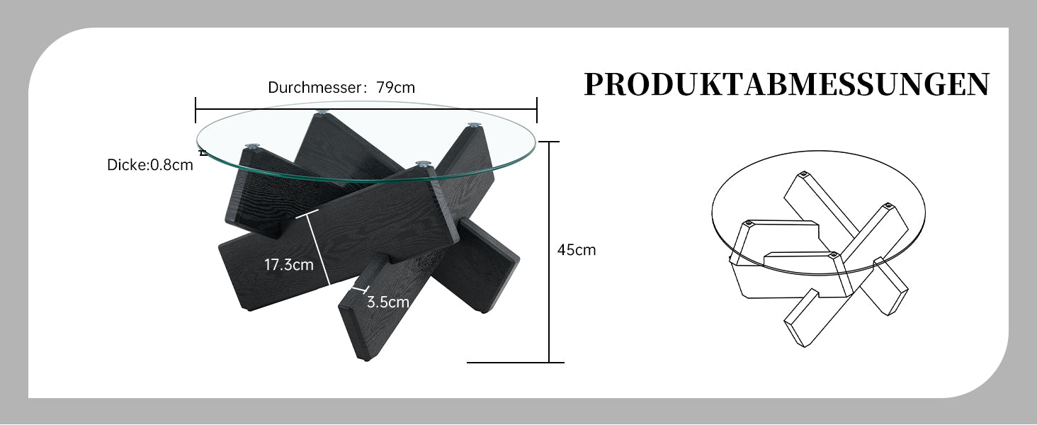 Round Coffee Table 79cm - Tempered Glass Top, Black Wood Grain Legs - MDF/Glass