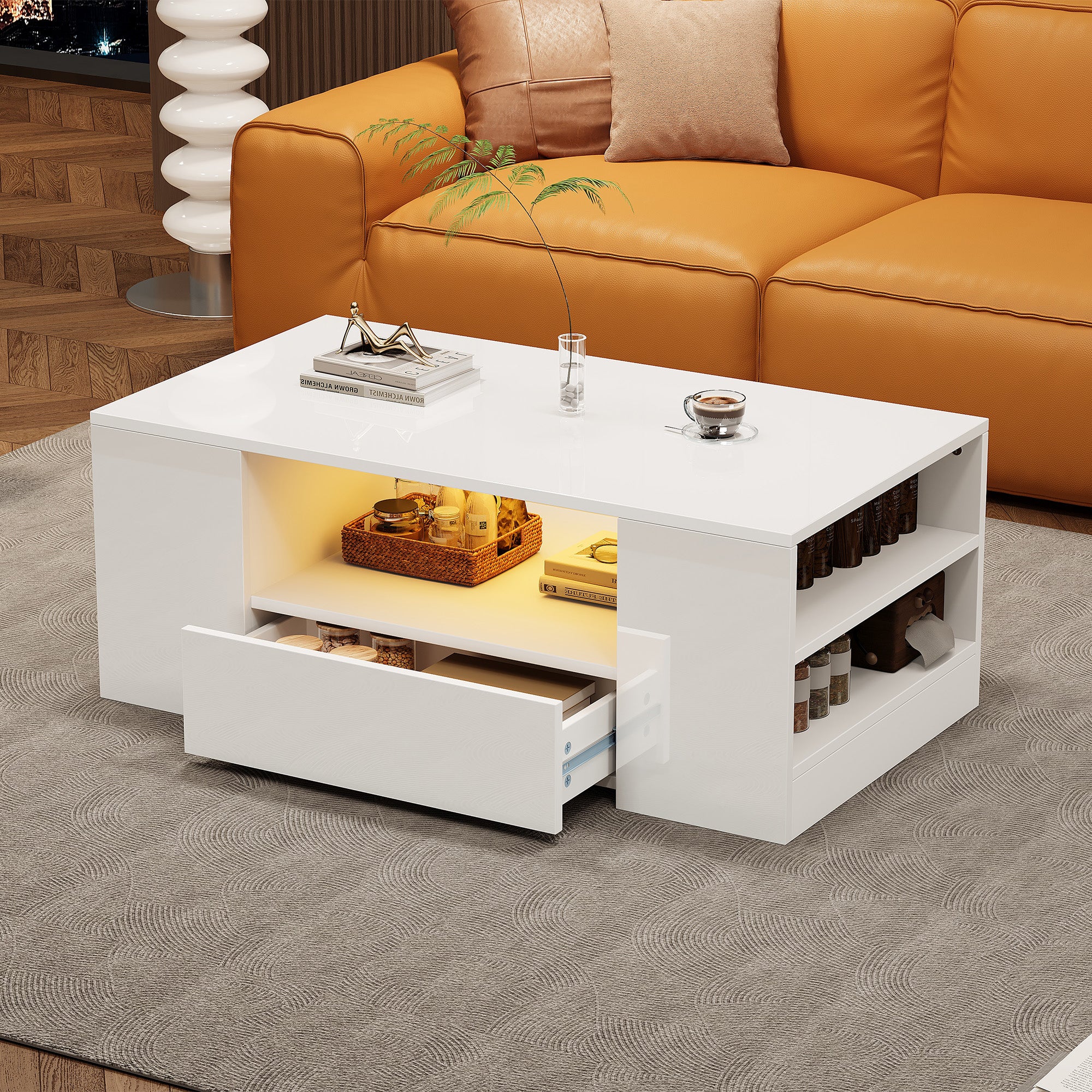 Modern High-Gloss Coffee Table with 2 Drawers and 2 Shelves, White