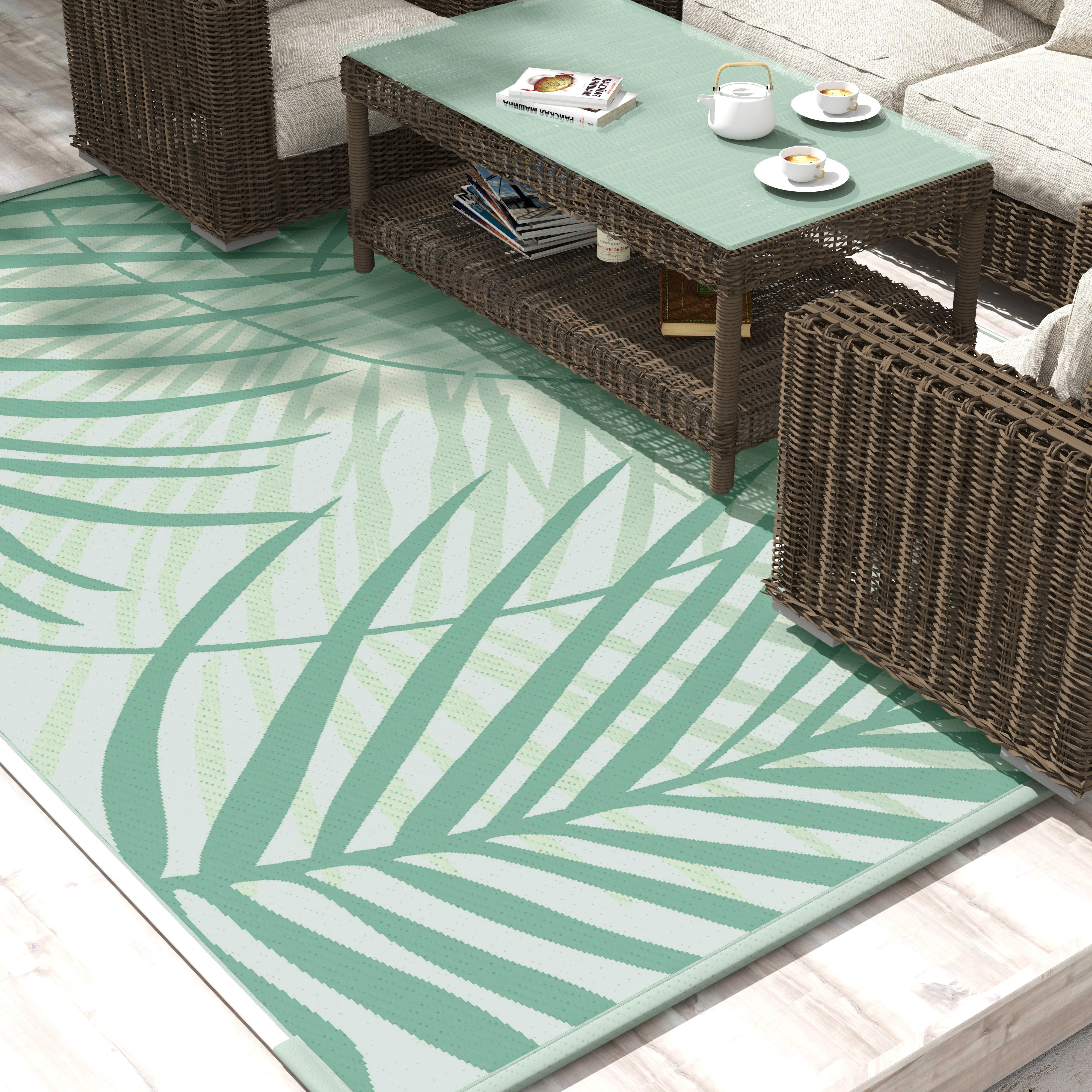 Outdoor Rug Reversible Water-Repellent 365x274cm with Carrying Bag, Green