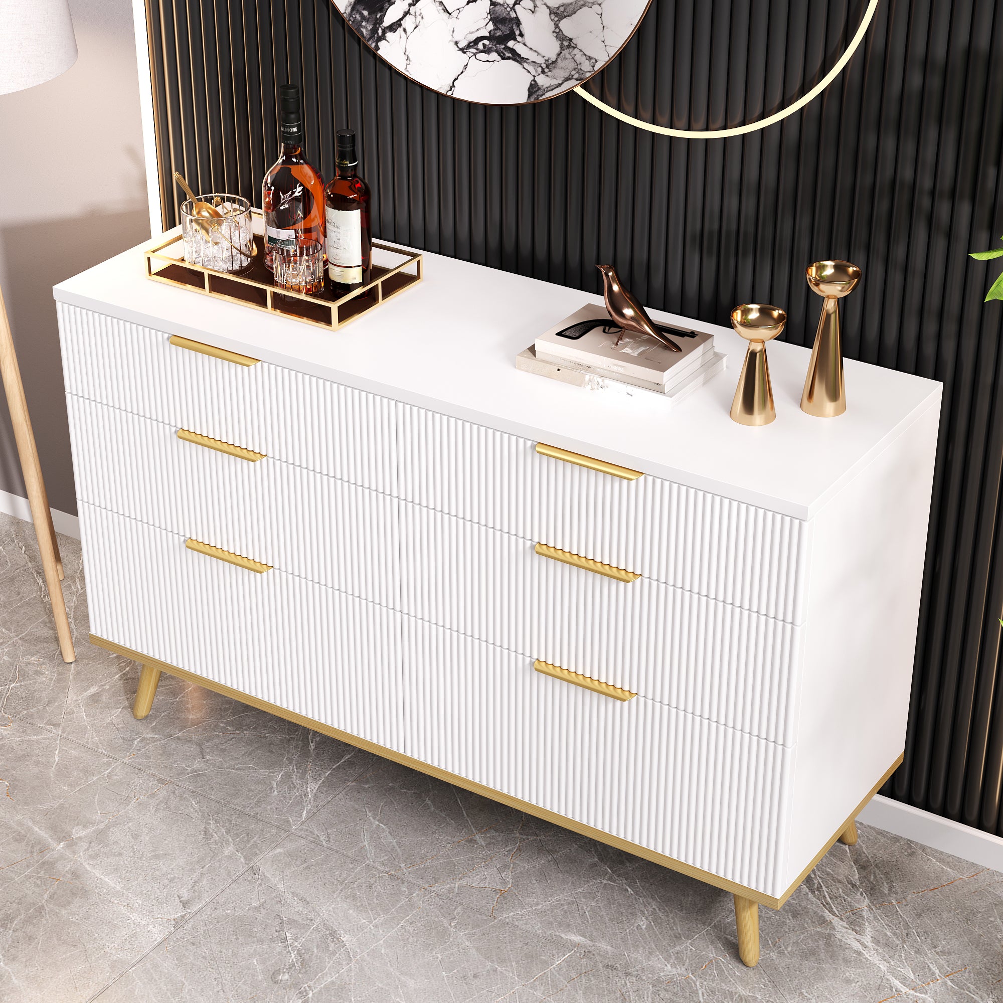 Modern 6-Drawer Chest of Drawers with Wood-Look Feet, White Particleboard