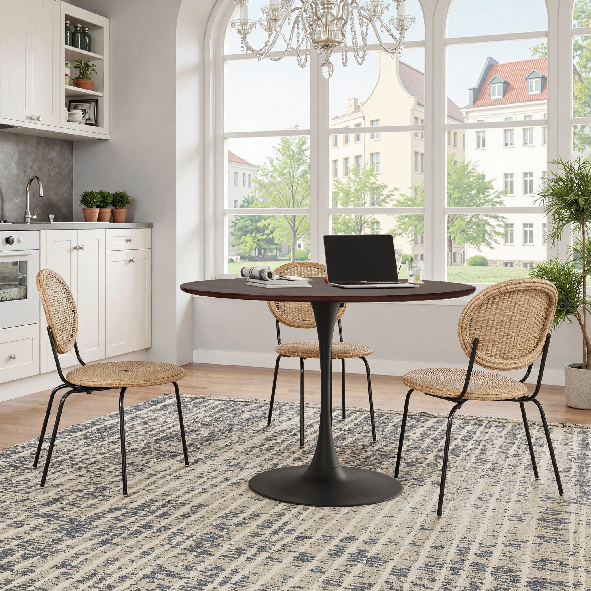 Modern Round Dining Table, 47.24" Four Patchwork Tabletops, Oak Wood Grain & Metal