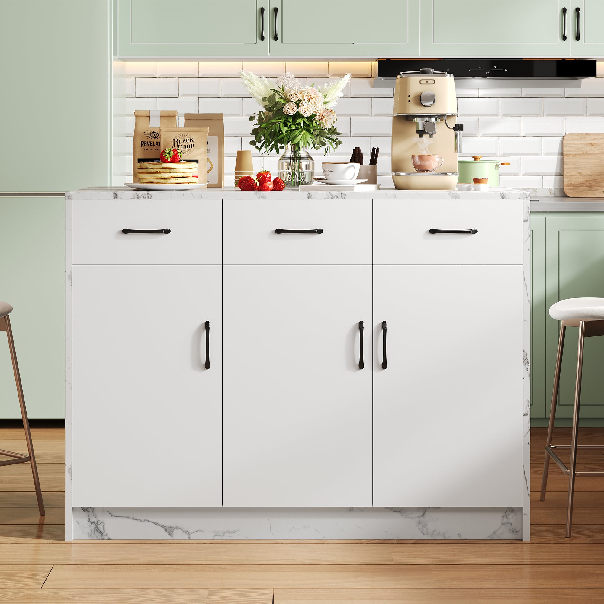 Large Kitchen Island 120x60cm 3 Drawers 3 Doors Adjustable Shelves - White Marble Design