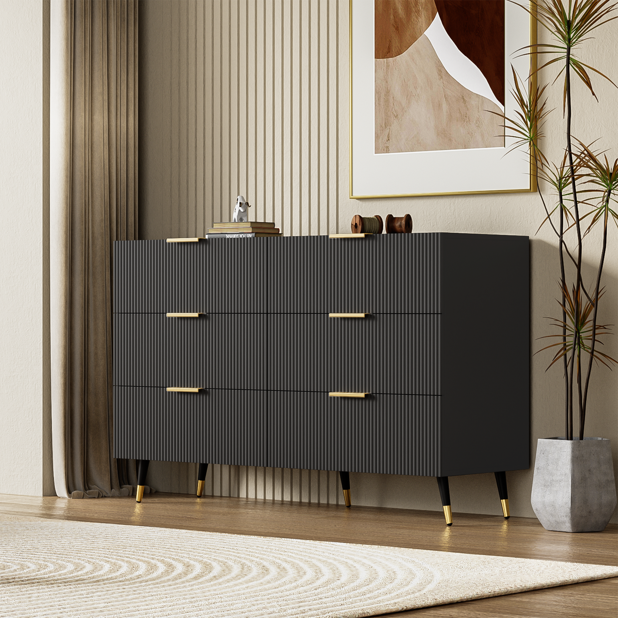 Sideboard, Modern Design Chest of Drawers, Black and Gold
