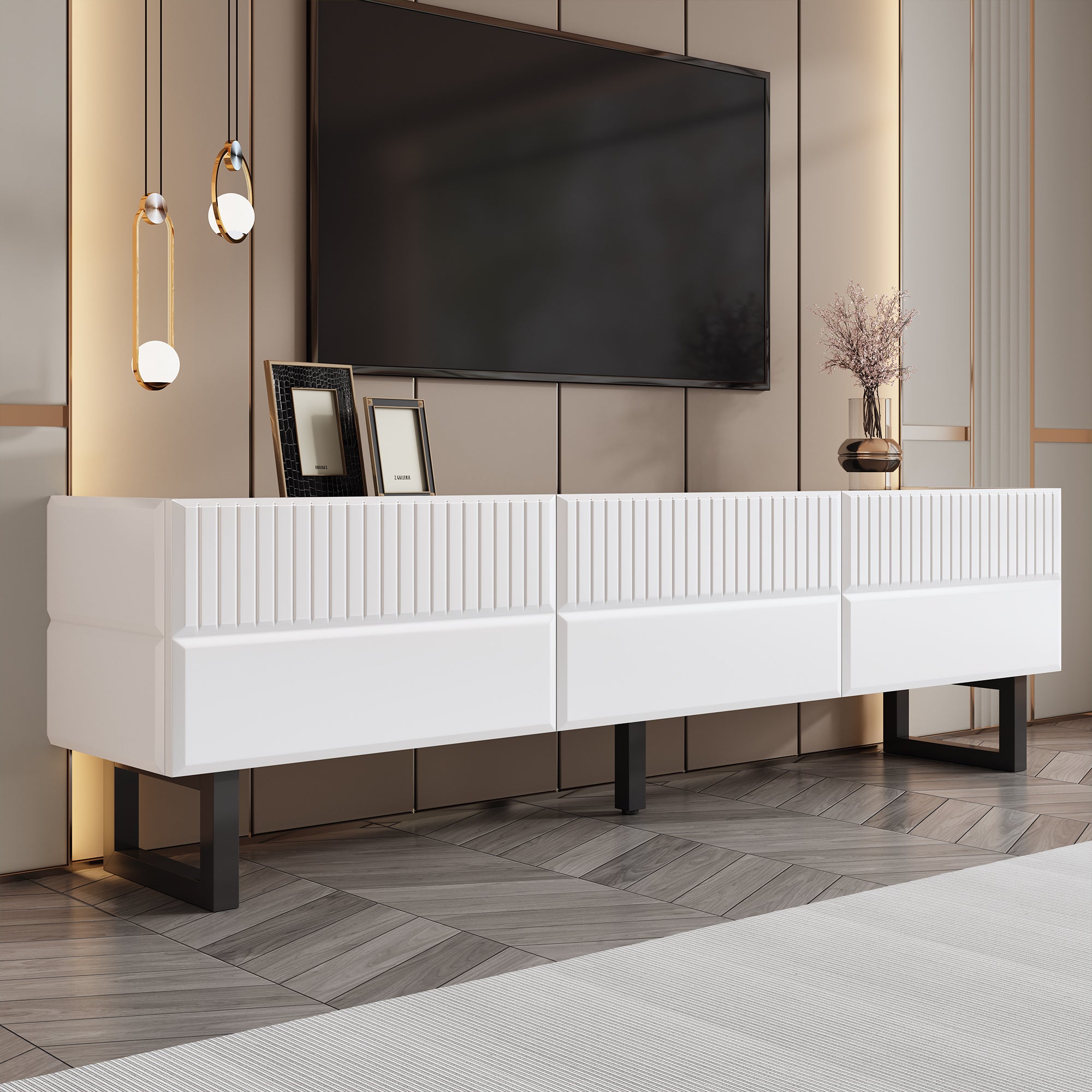 TV Stand with Three Drawers, Low TV Unit, Black and White Design