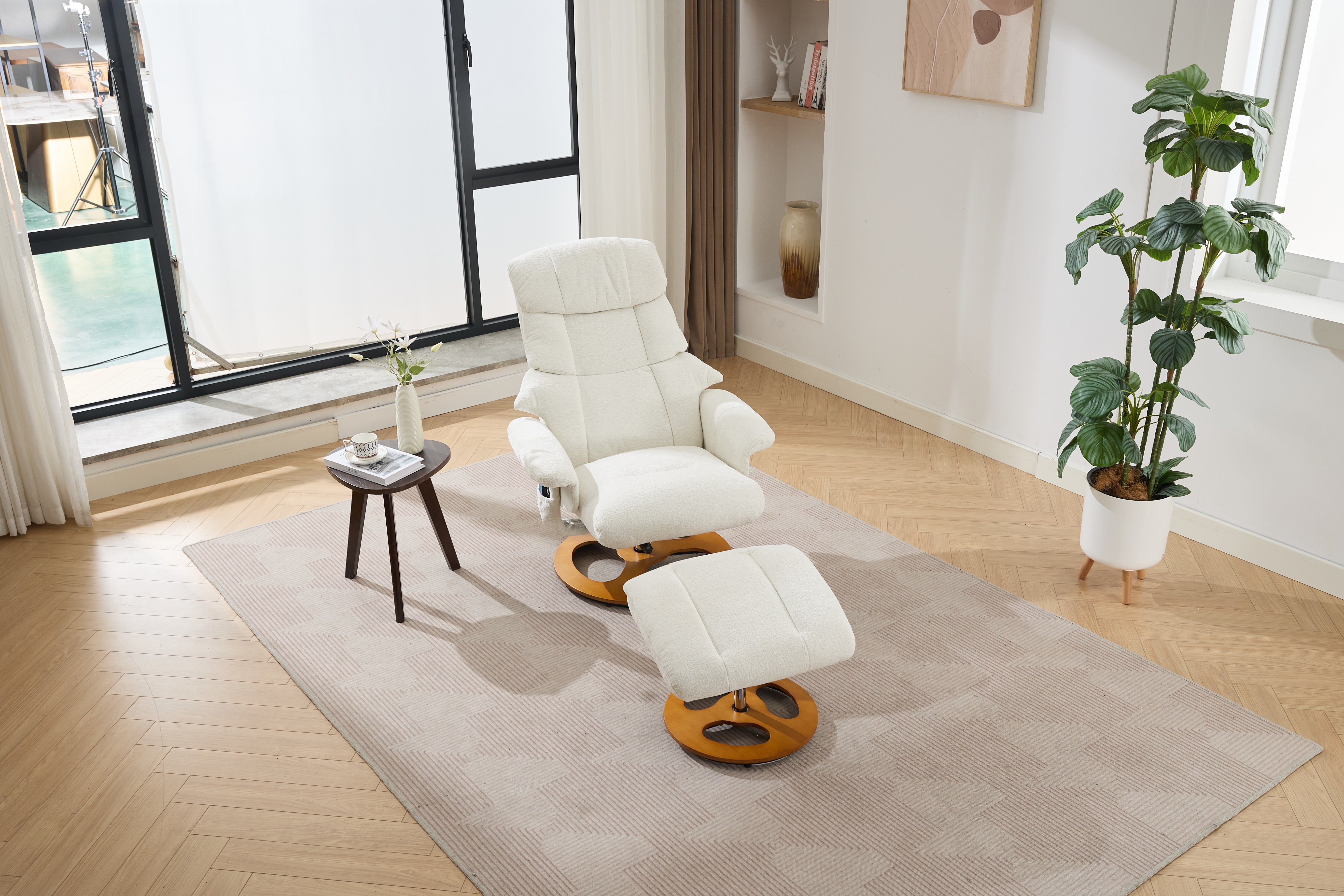 Chenille Upholstered Massage Recliner with Ottoman Footstool, 5 Points Massager, White