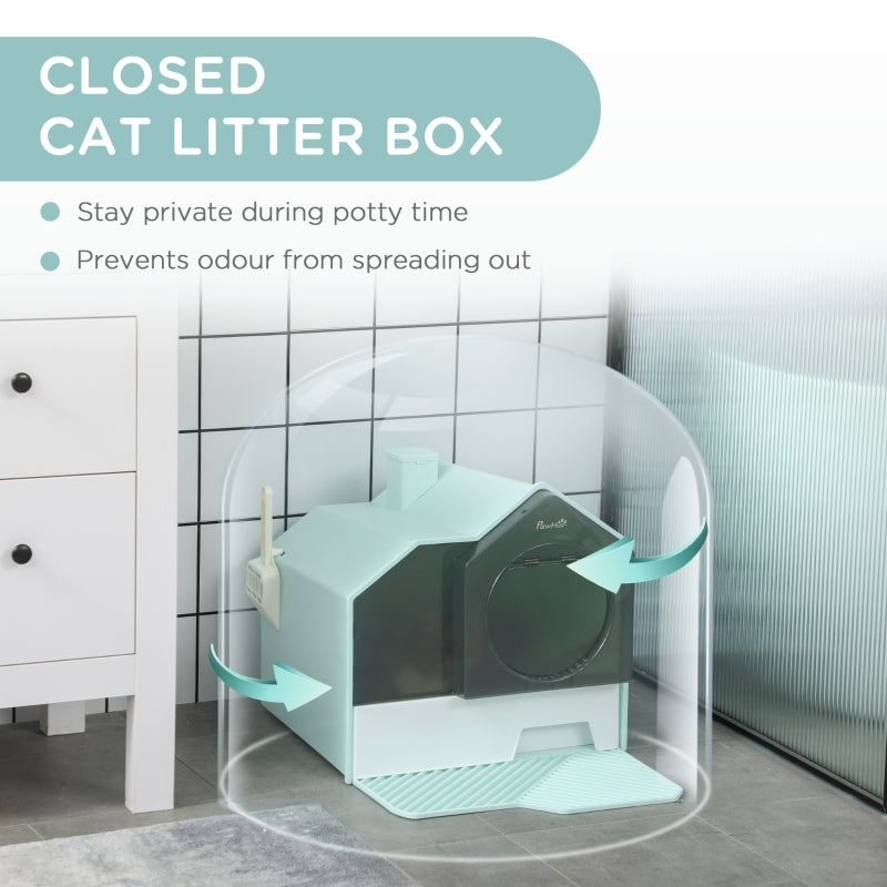 Hooded Cat Litter Tray with Scoop, Light Blue