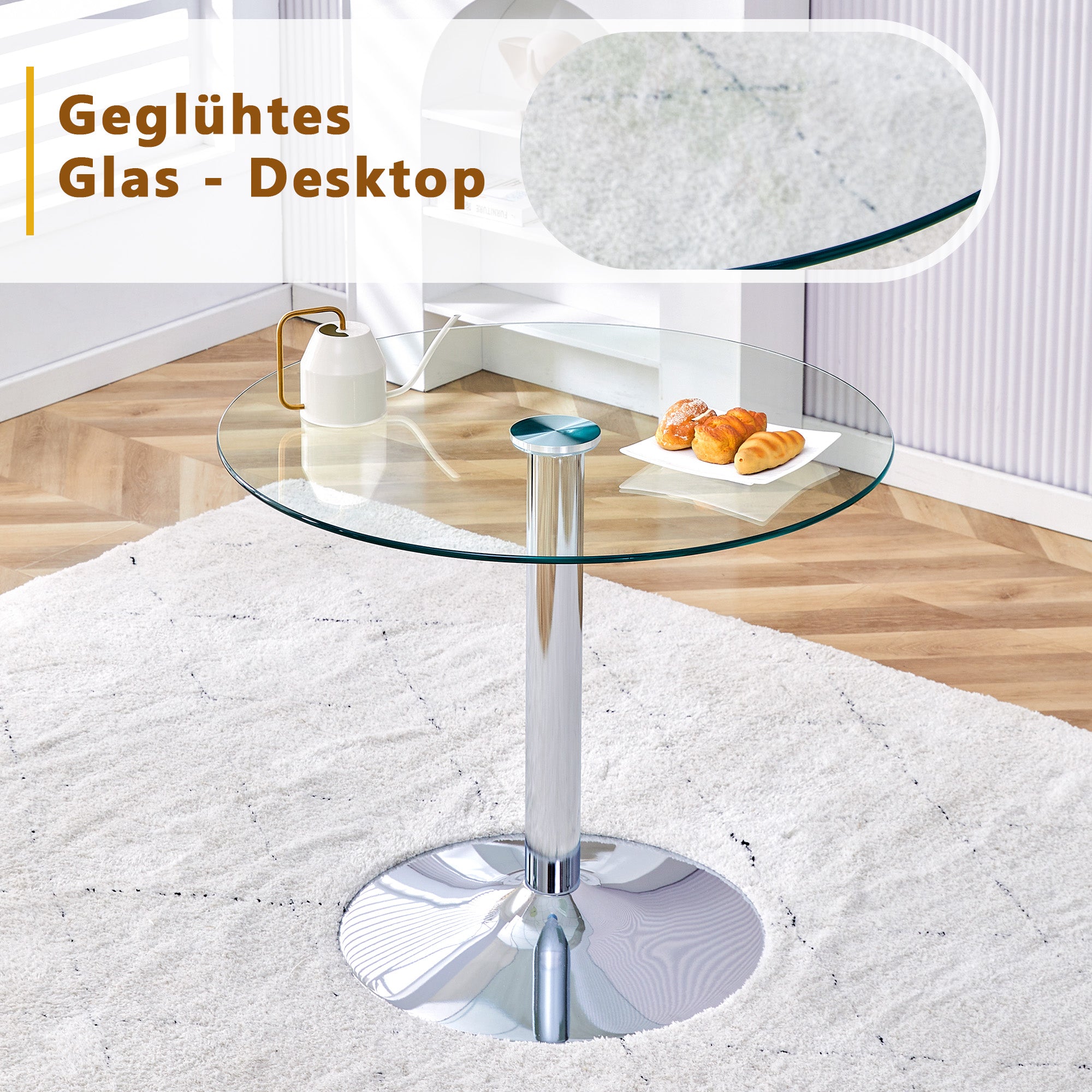 Dining Table Set, Glass Table & 4 Chairs with Gold Legs, White PU