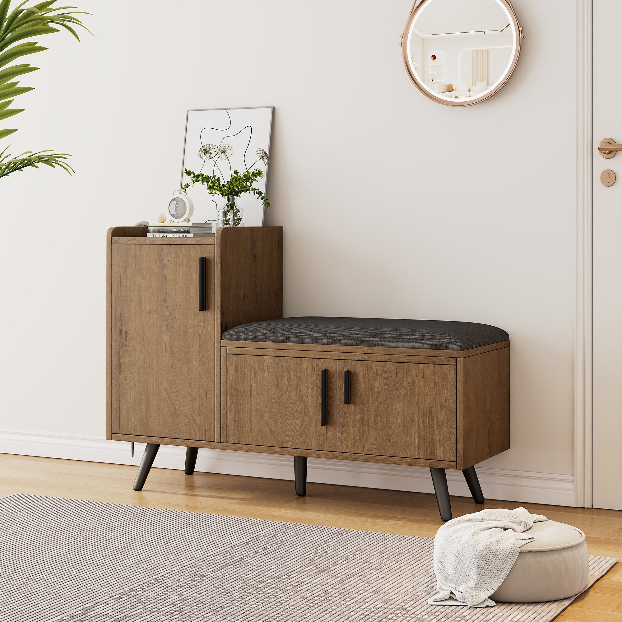 Modern shoe bench with three storage doors and multiple levels for storage, metal handles