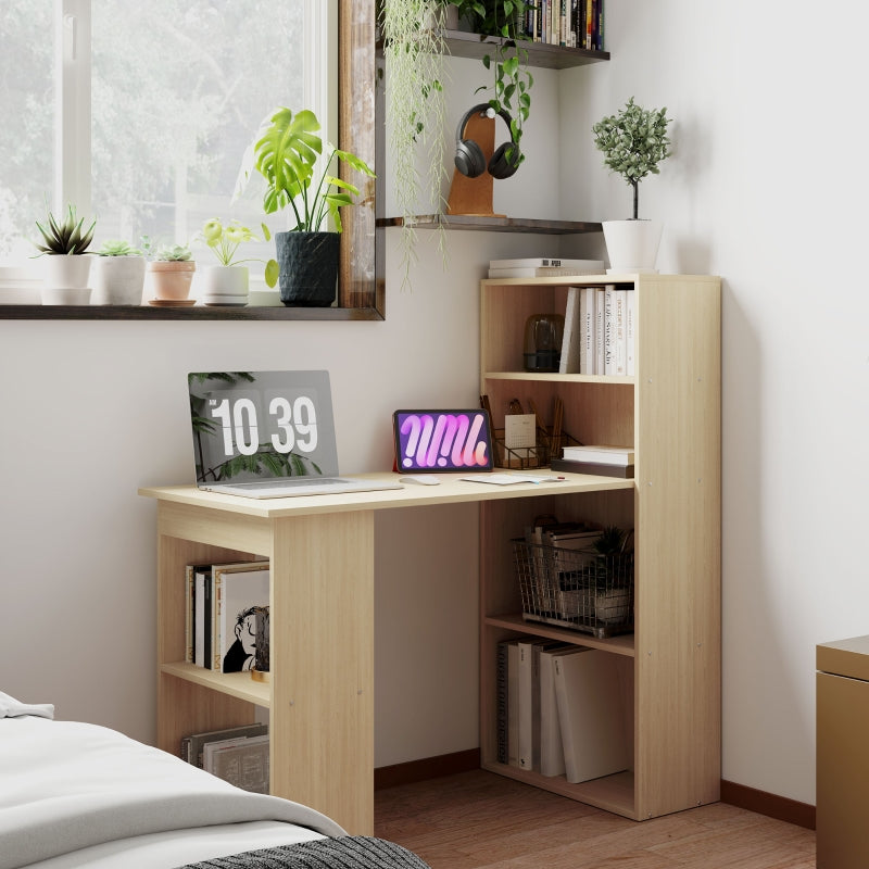 120cm Computer Desk with 6-Tier Storage Bookshelves, Natural Wood